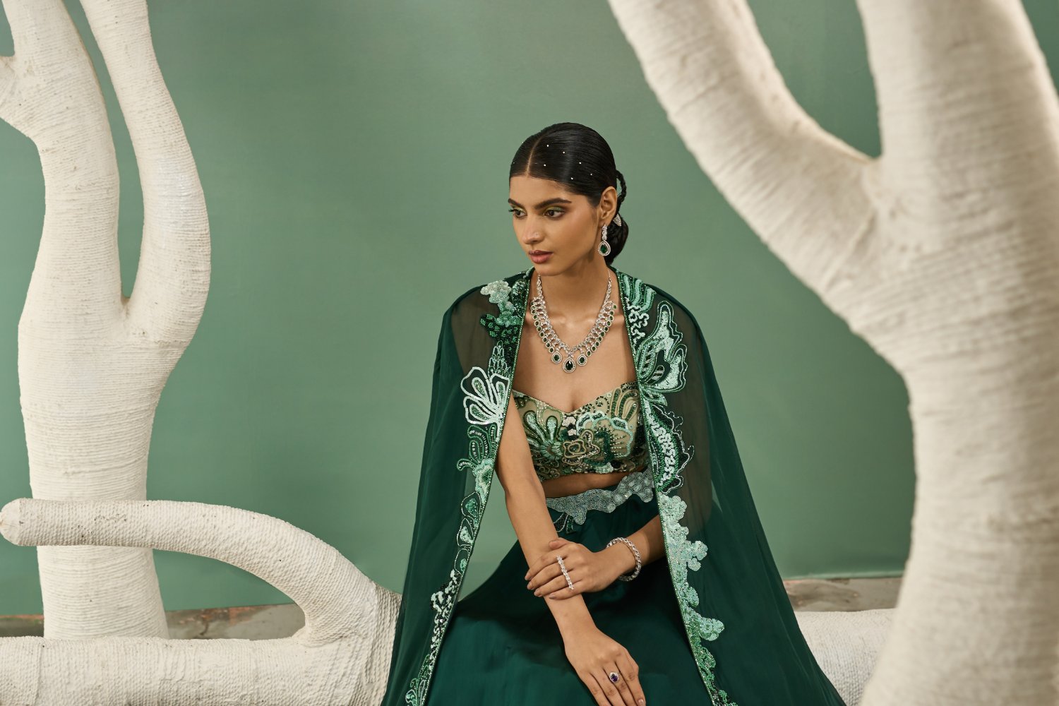 Mint & Dark Green Aaplique Lehenga With Cut-Out Jacket