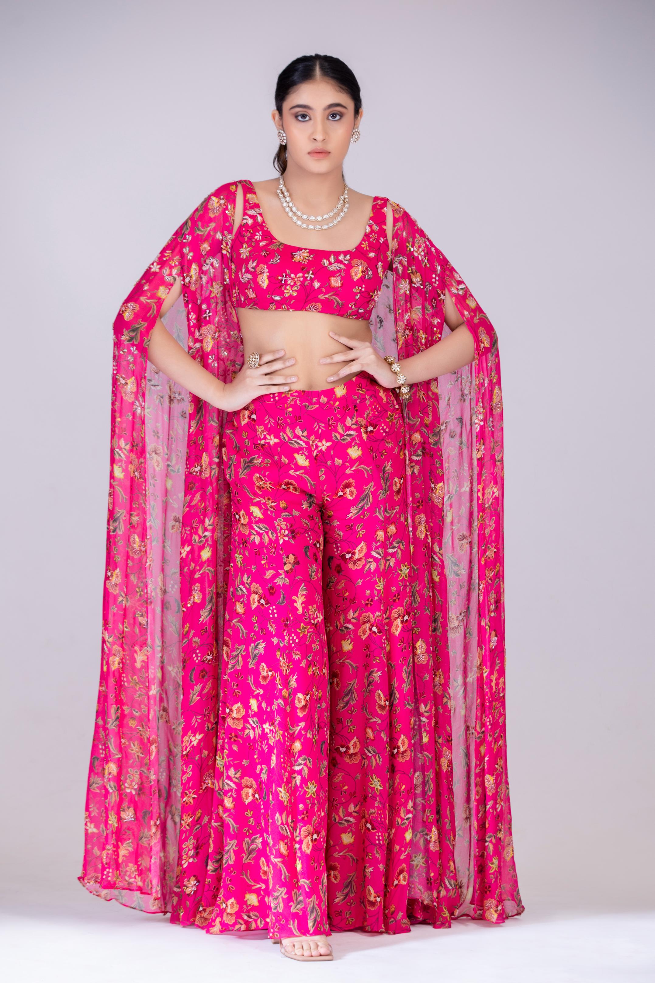 Fuchsia Cape And Sharara Set