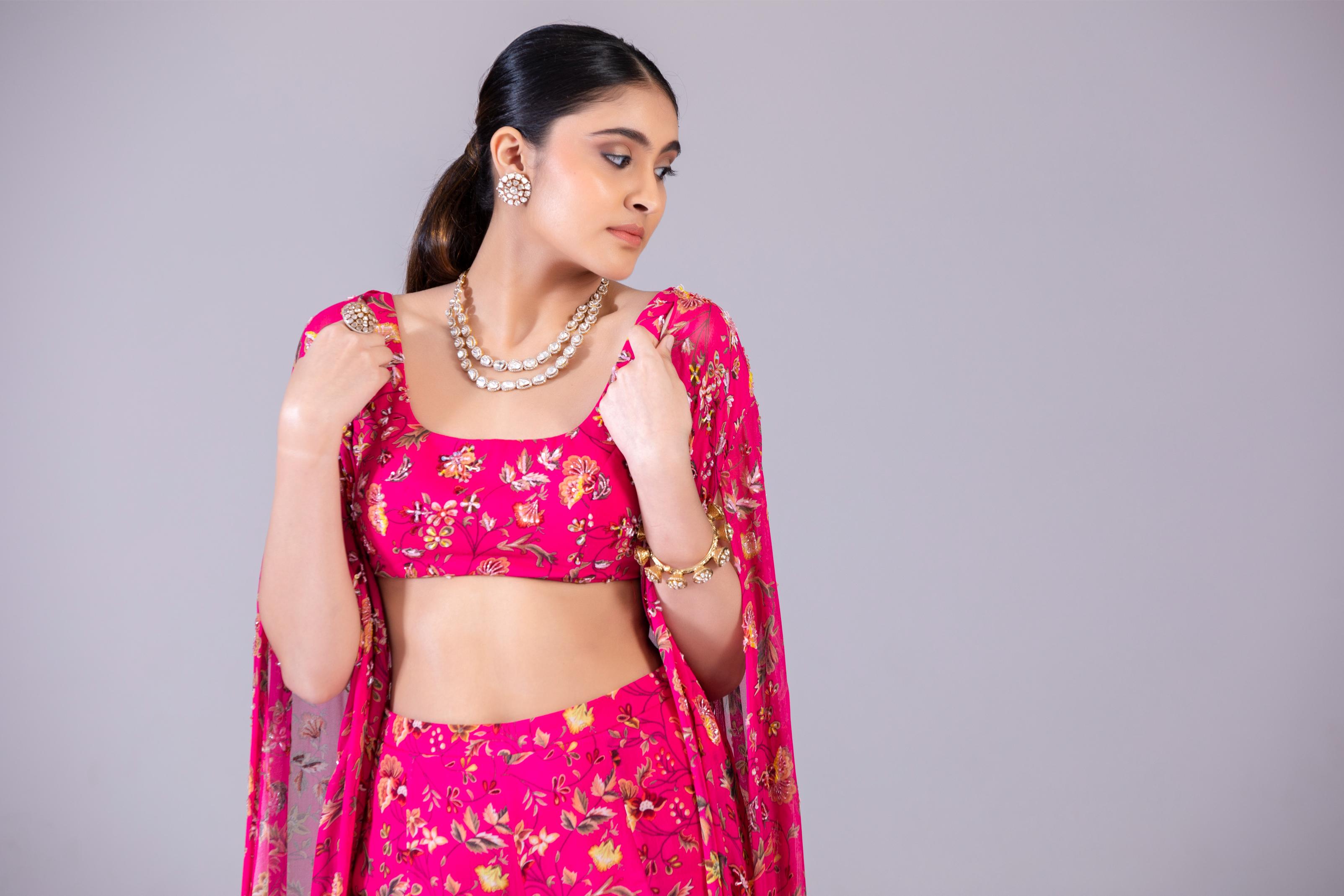 Fuchsia Cape And Sharara Set