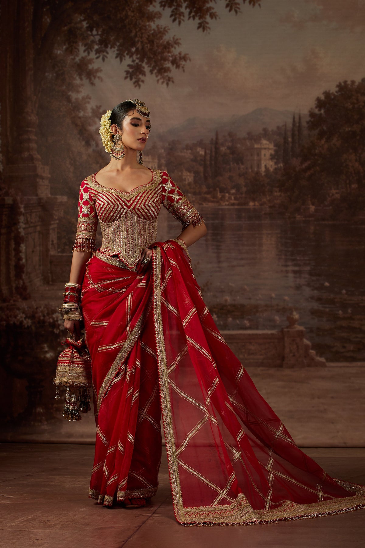 Red Gota Zari Saree with Embellished Corset Blouse