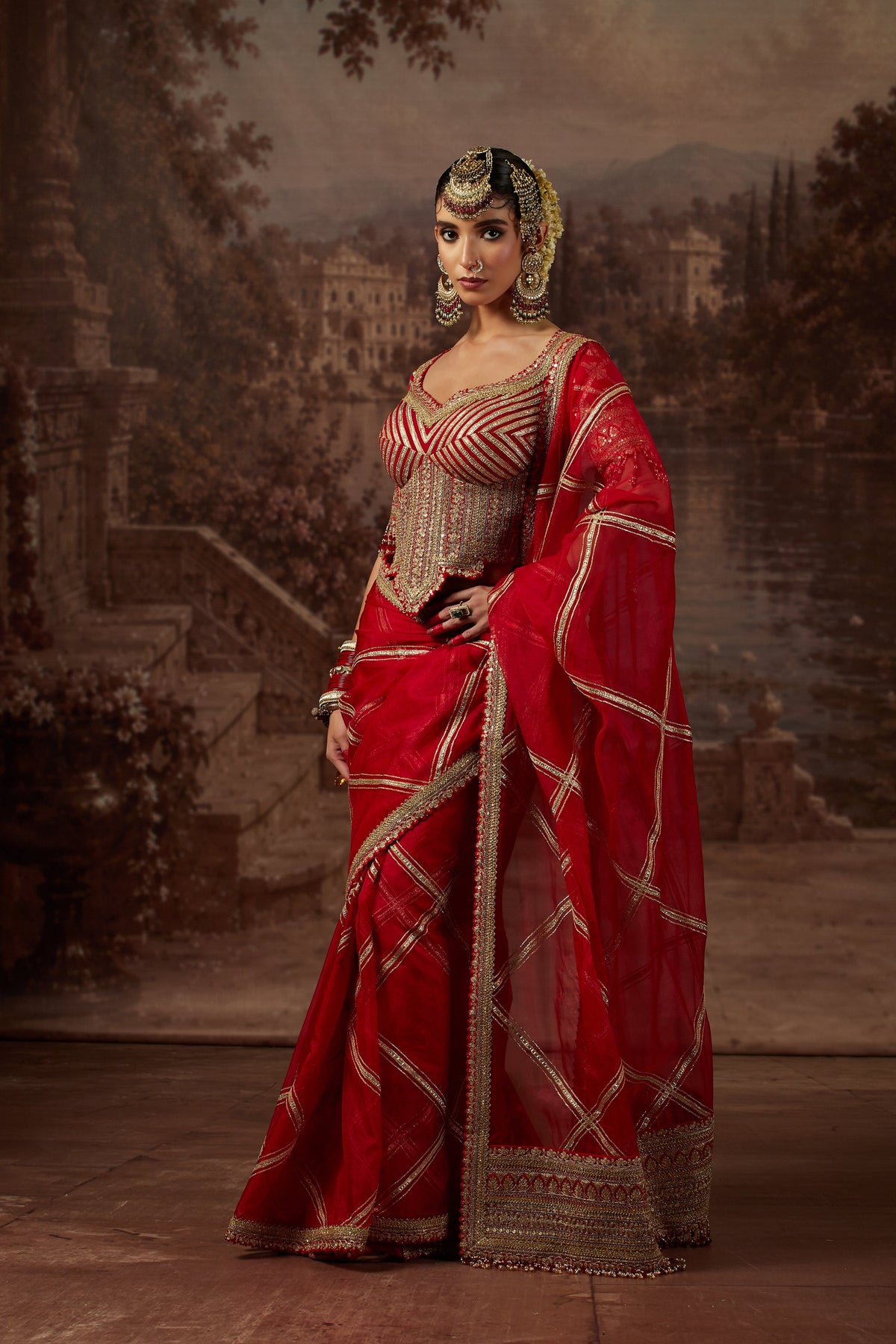 Red Gota Zari Saree with Embellished Corset Blouse