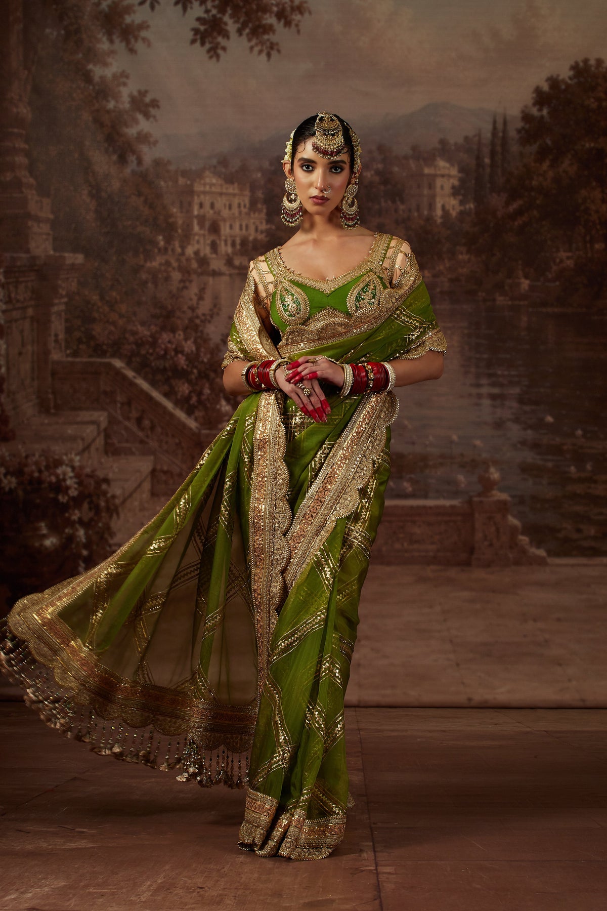 Olive Green Saree with Peach Blouse