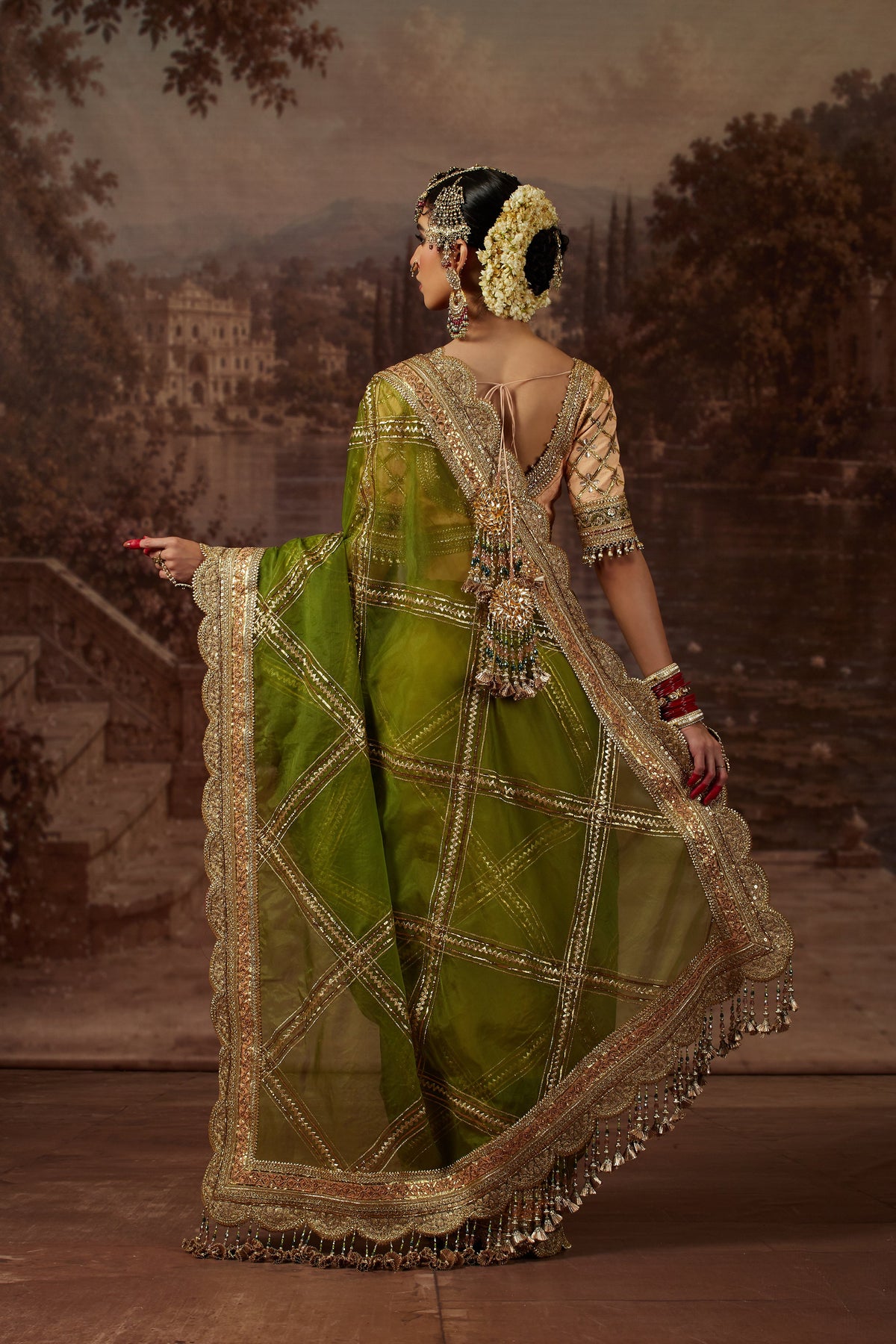 Olive Green Saree with Peach Blouse