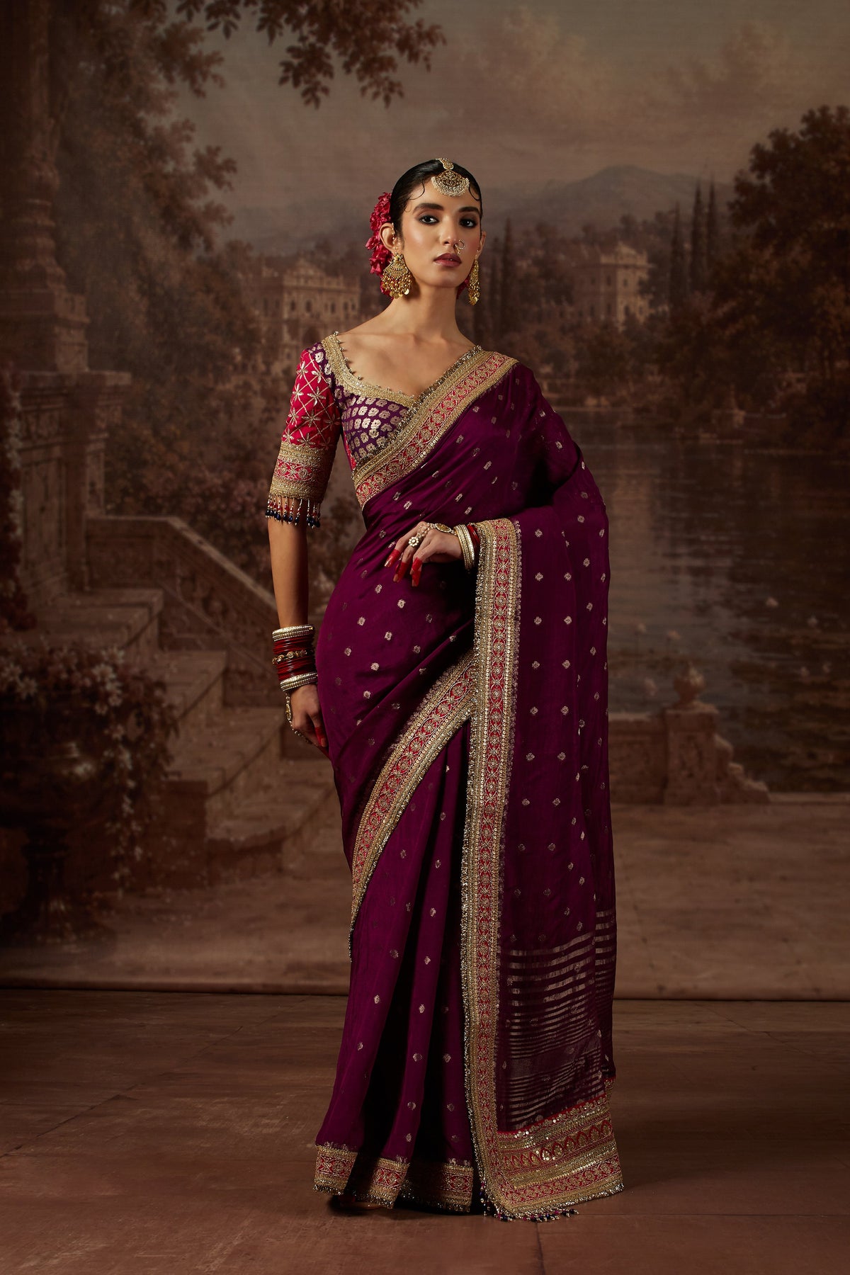 Purple Saree with Purple & Rani Blouse