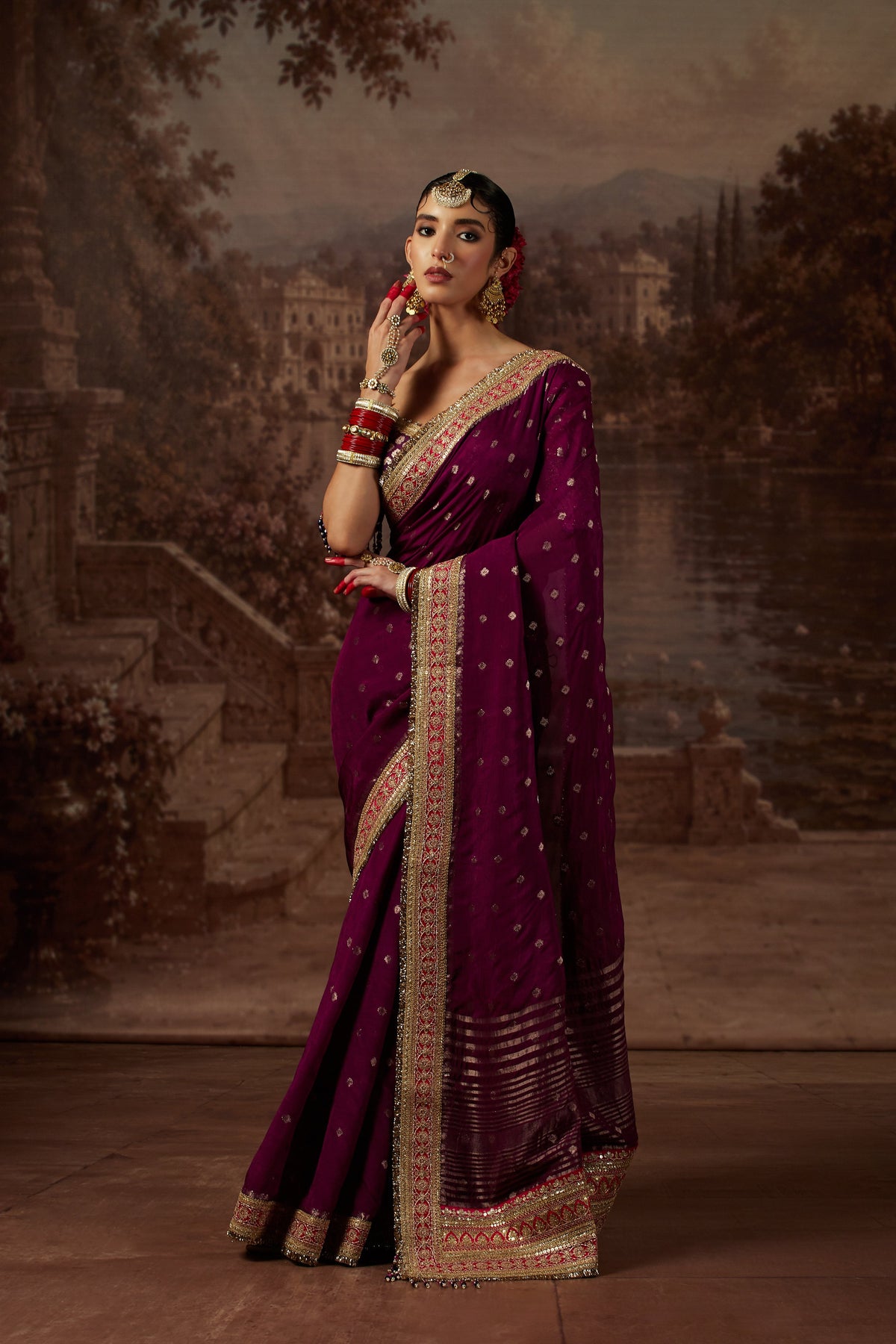 Purple Saree with Purple & Rani Blouse