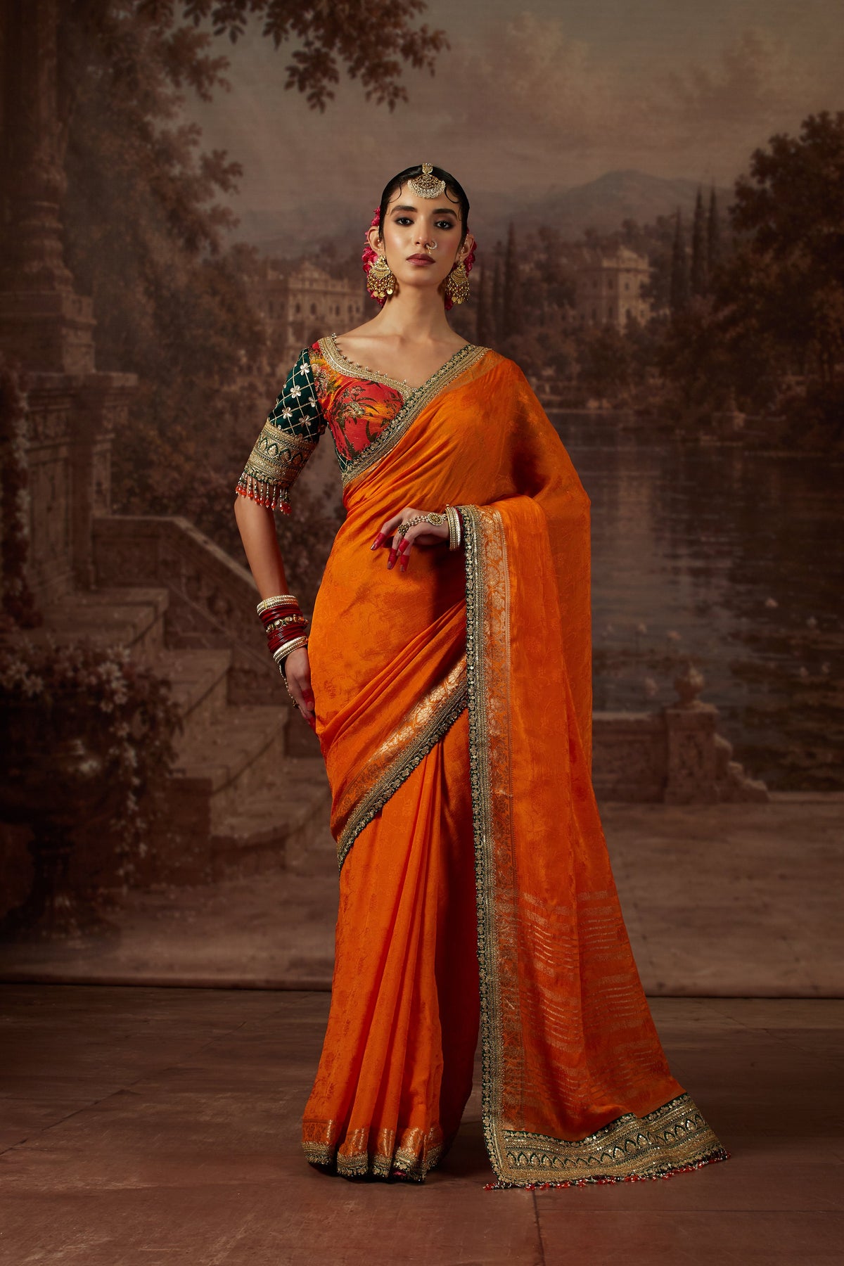 Orange Saree with Green Blouse