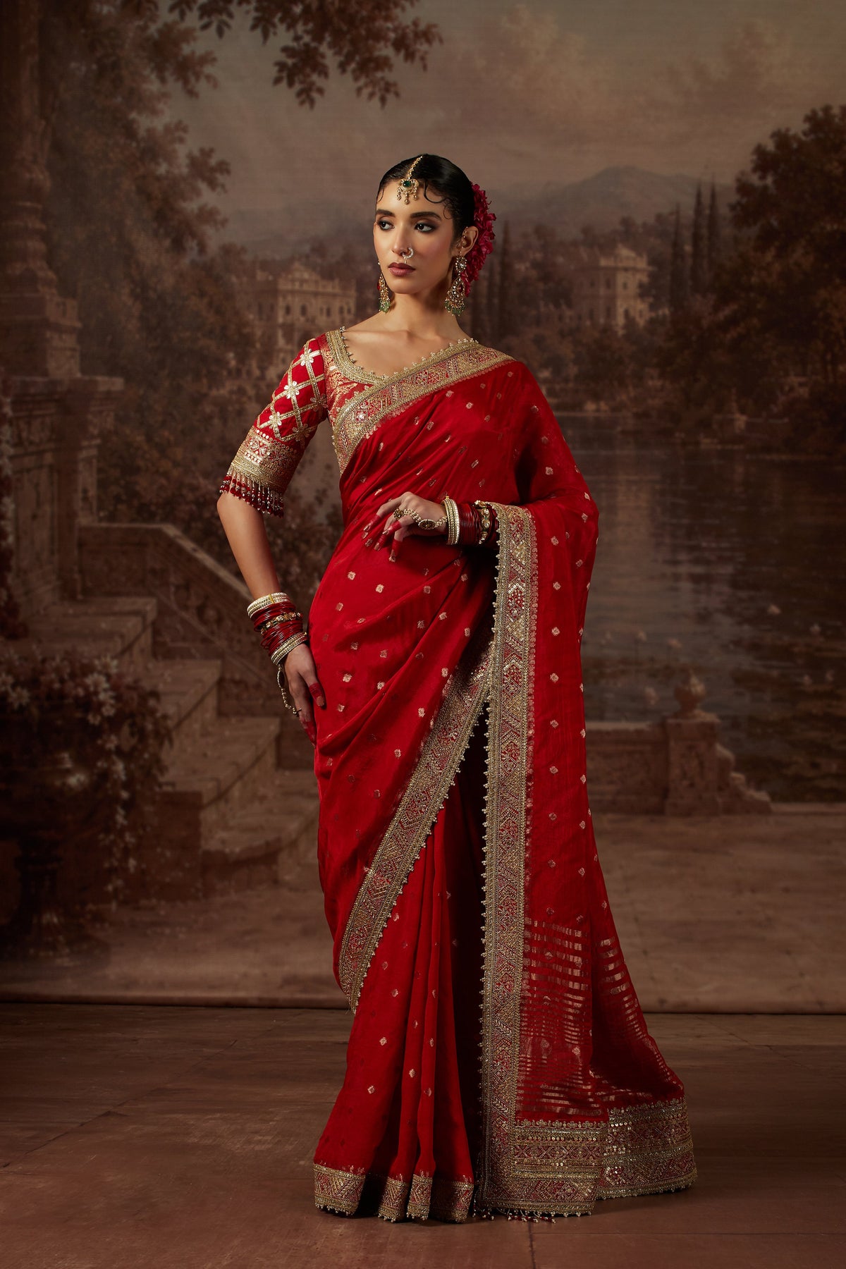 Red Saree with Red Blouse