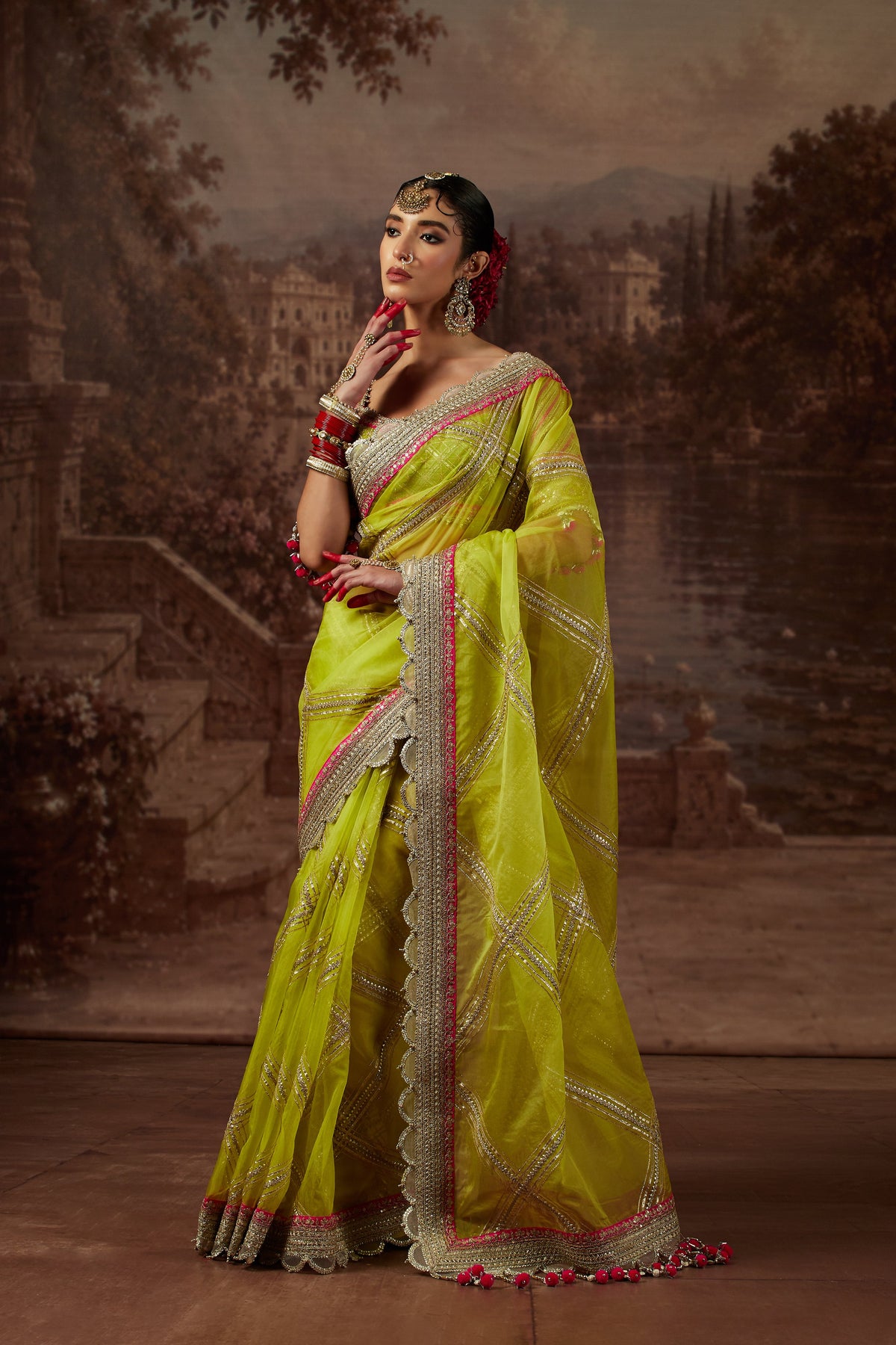 Lemon Green Saree with Rani Pink Blouse