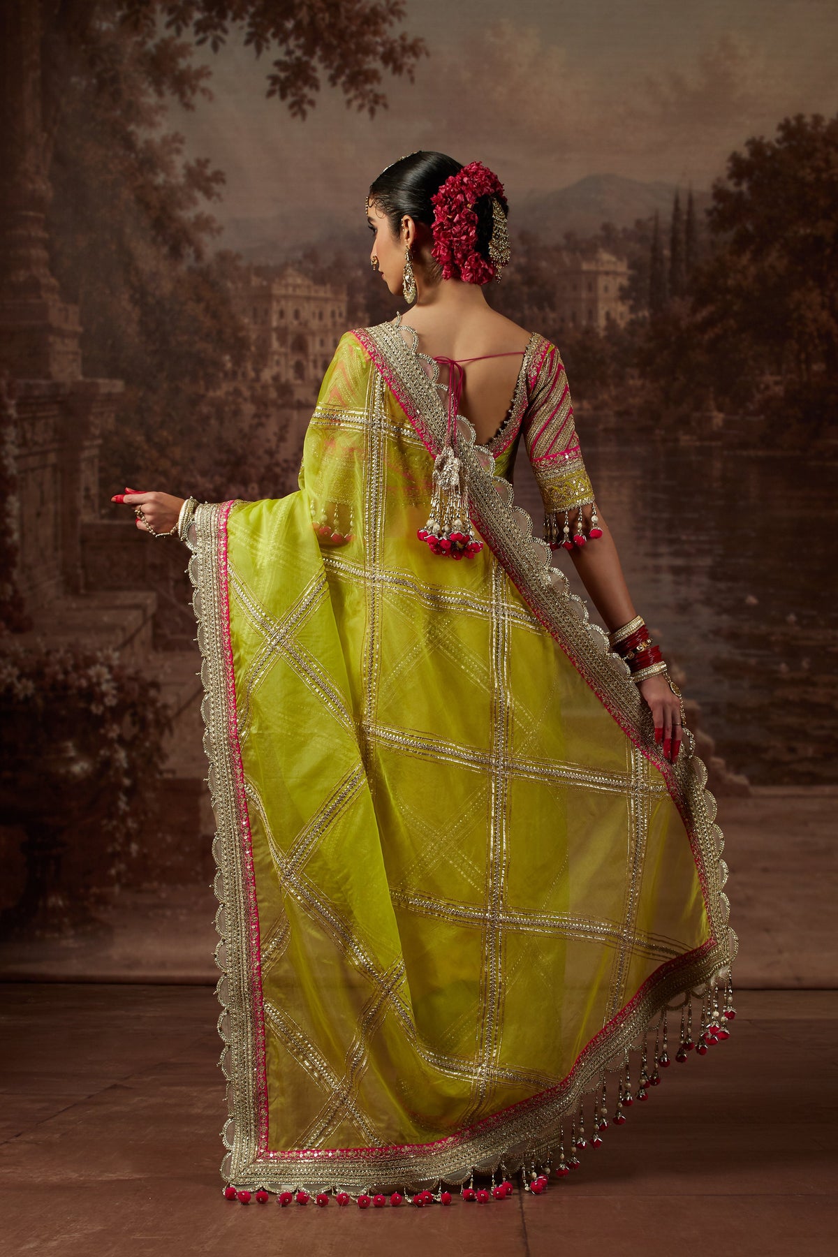 Lemon Green Saree with Rani Pink Blouse