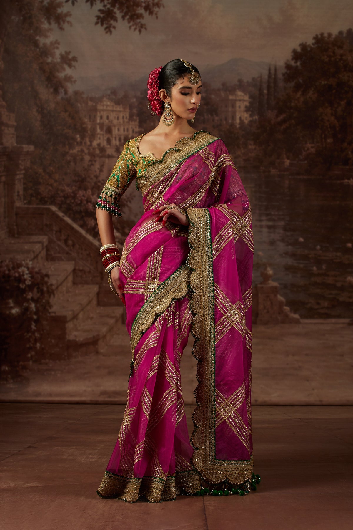 Rani Saree with Green Blouse