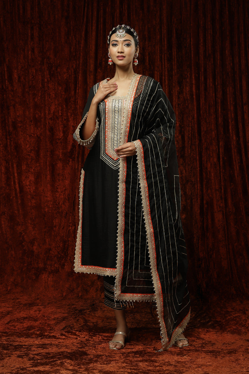 Black & Orange Kurta Pant Dupatta Set