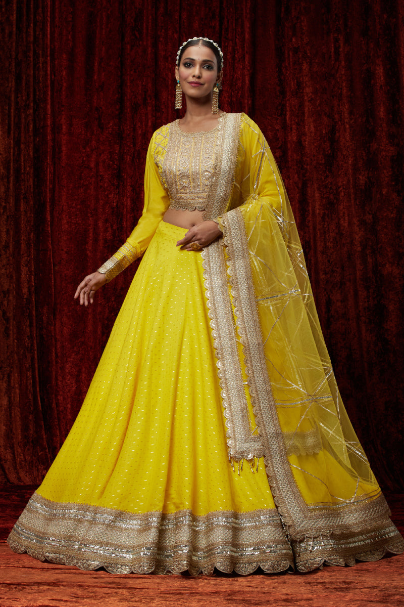Lemon Yellow Cotton Chanderi Lehenga Set