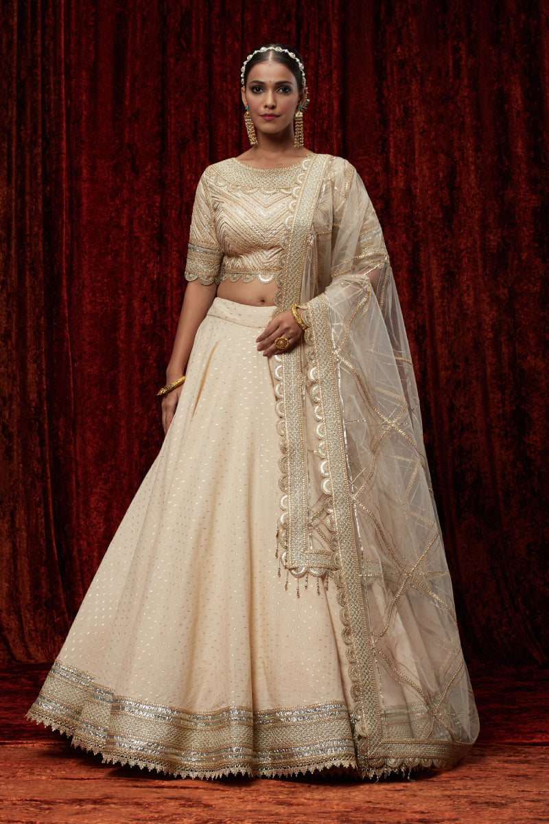 Beige Cotton Chanderi Lehenga Set