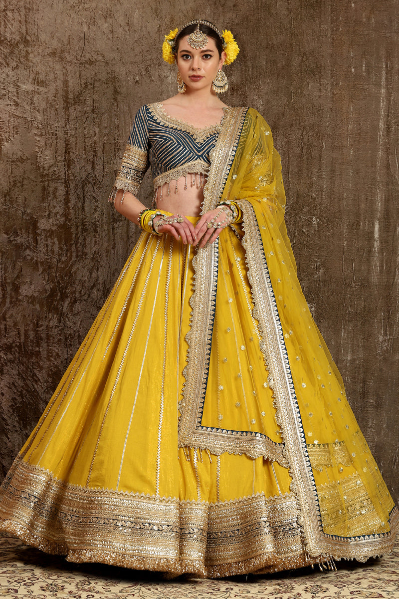 Yellow, Cobalt Blue Lehenga Set