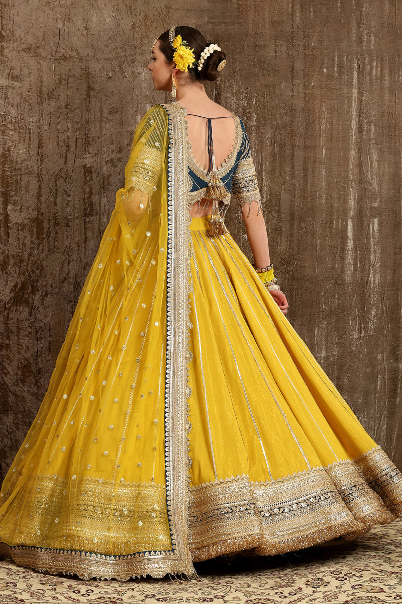 Yellow, Cobalt Blue Lehenga Set