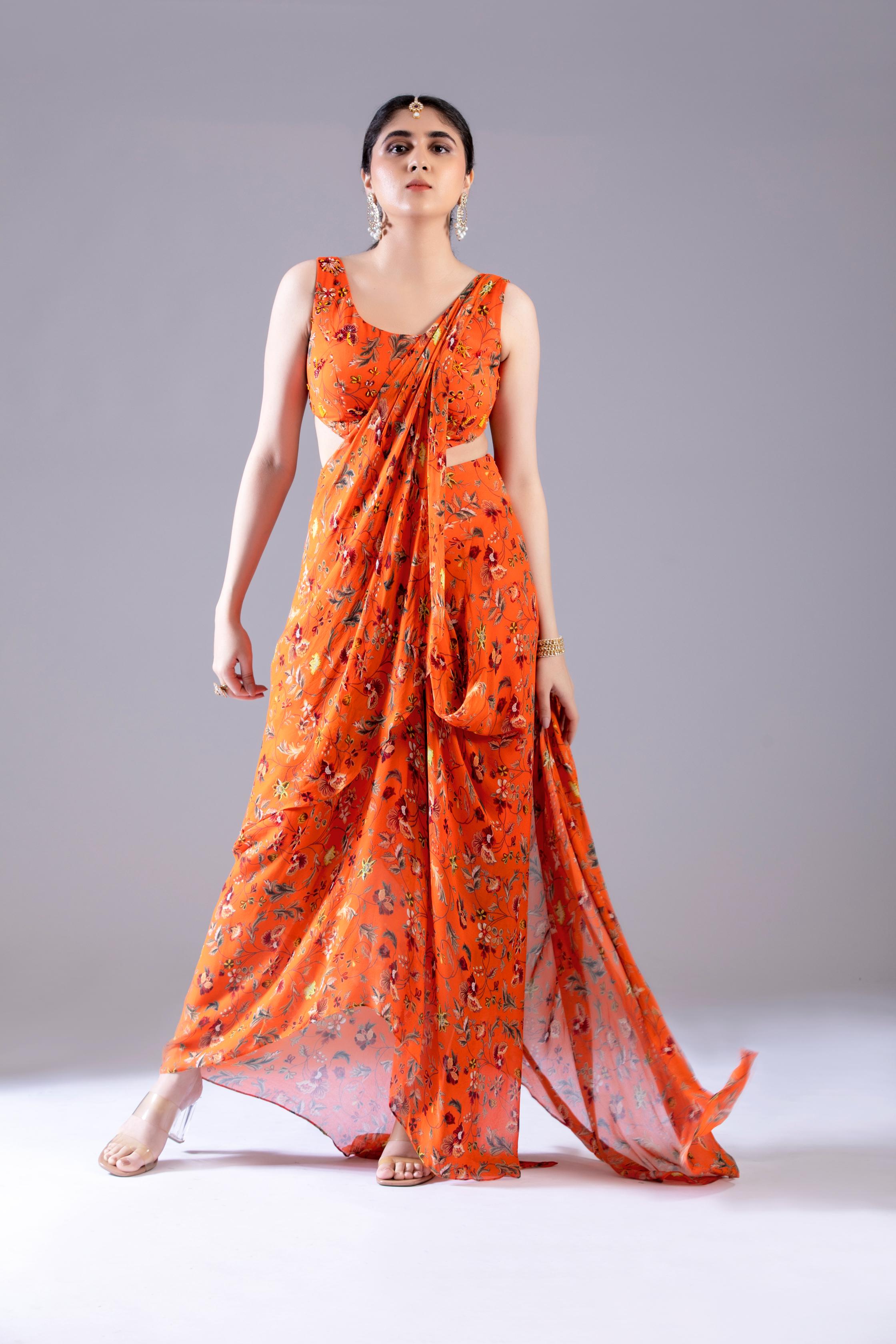 Orange Dhoti Saree Set