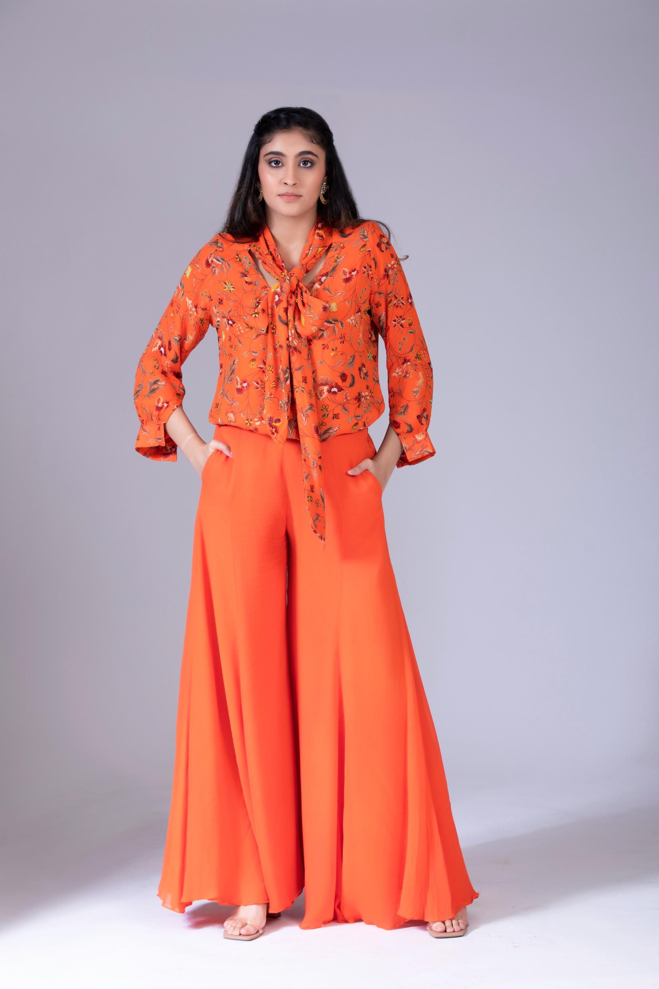 Orange Scarf Shirt Set