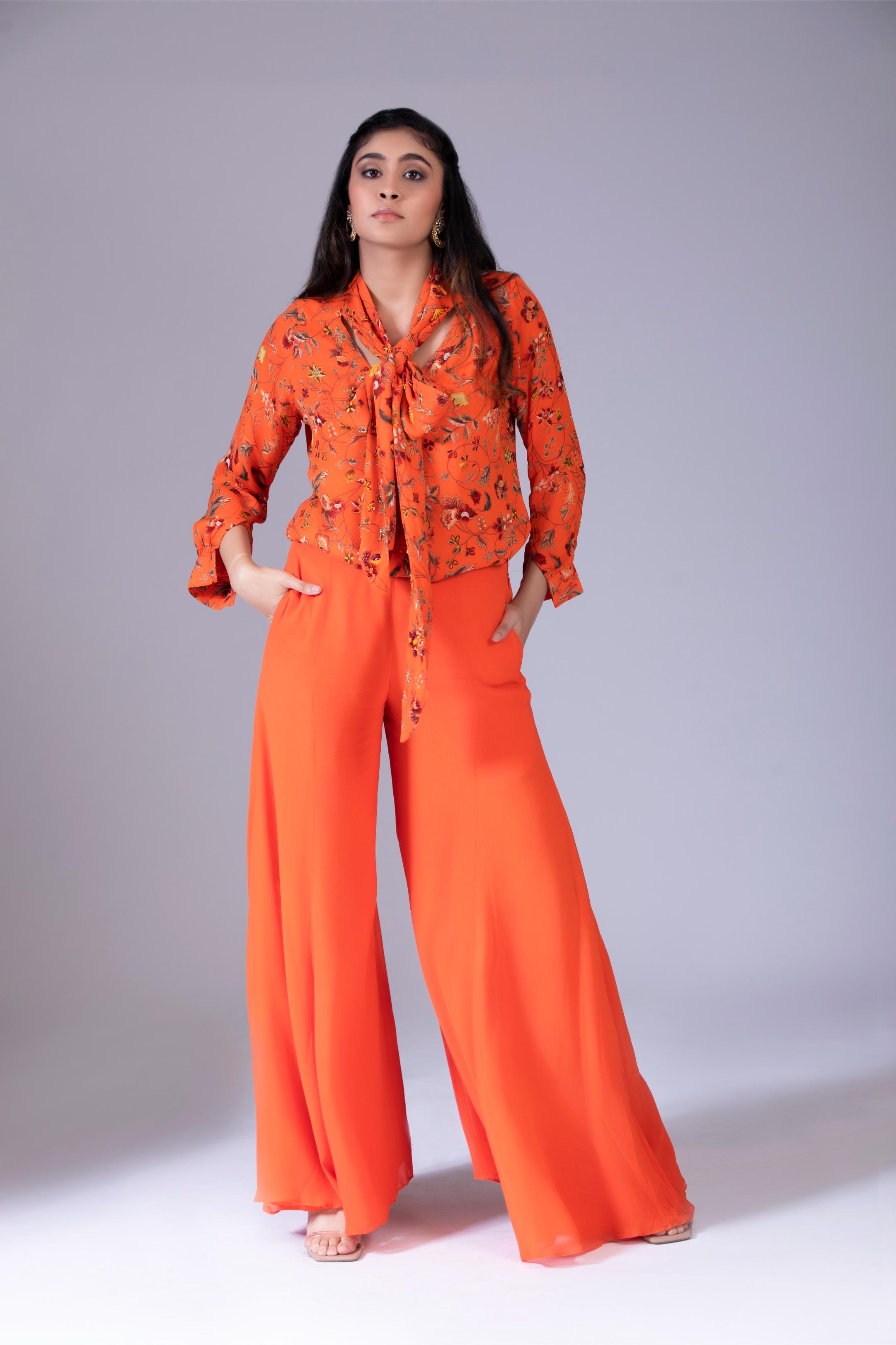 Orange Scarf Shirt Set