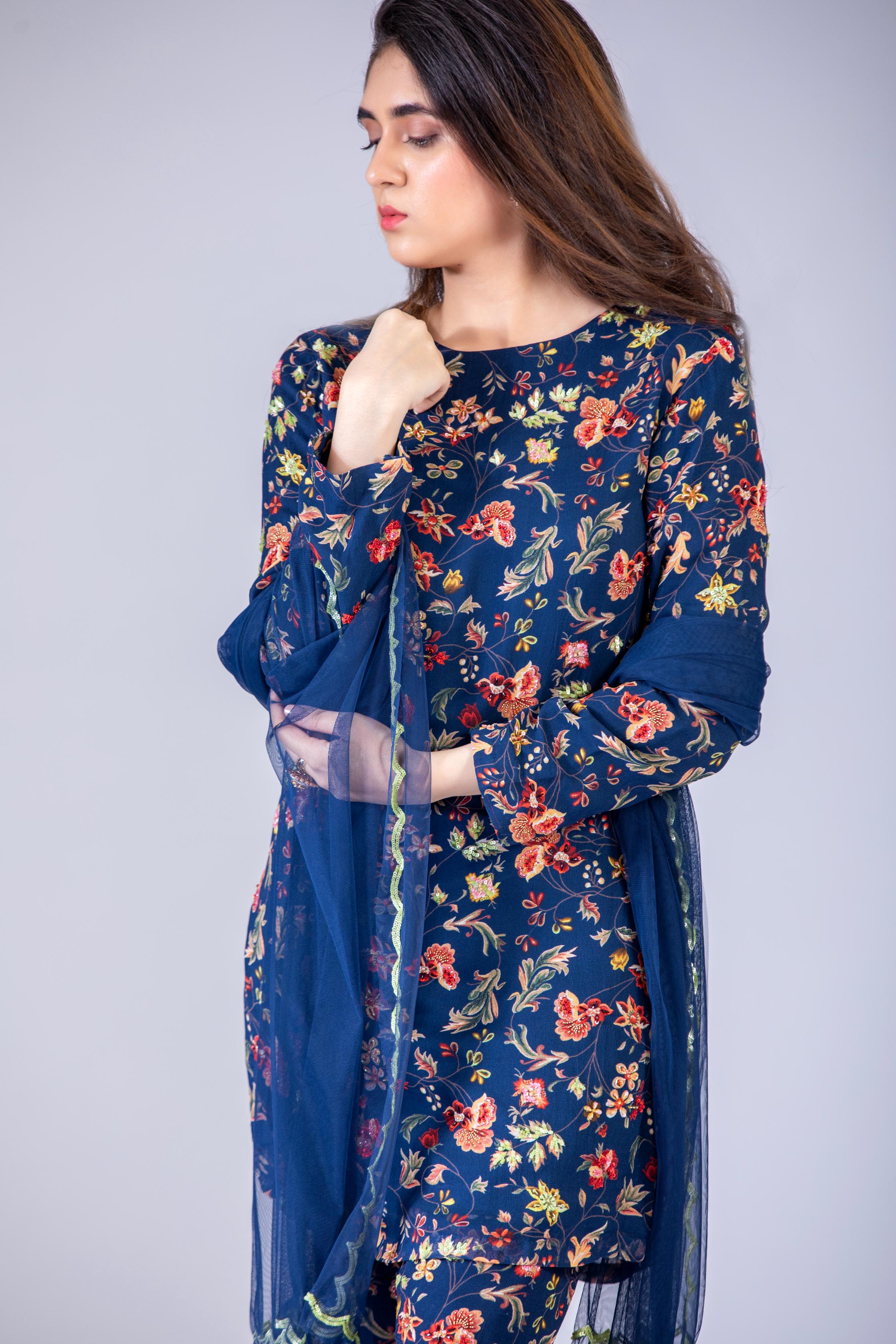 Navy Blue Sharara Kurti Set