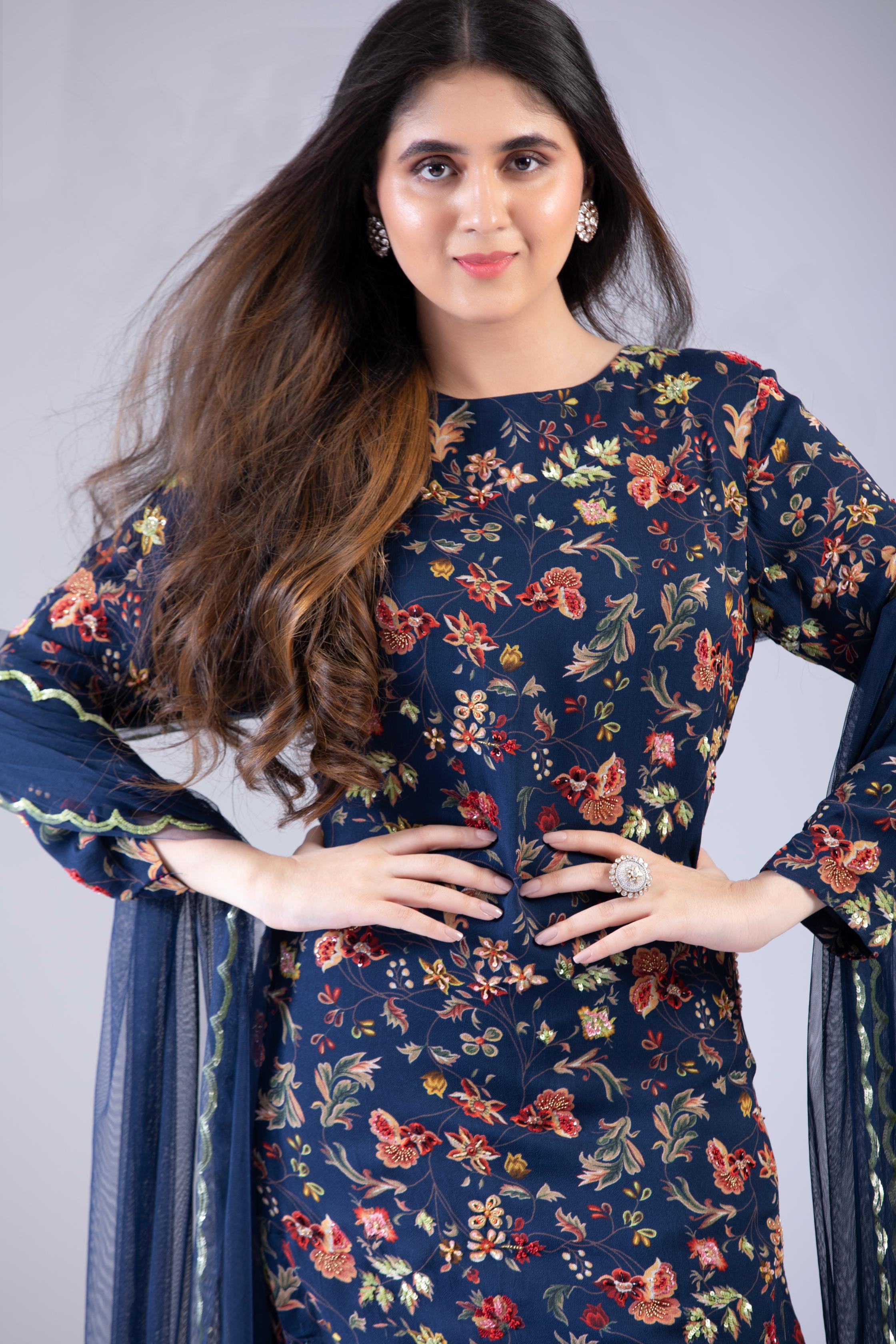 Navy Blue Sharara Kurti Set