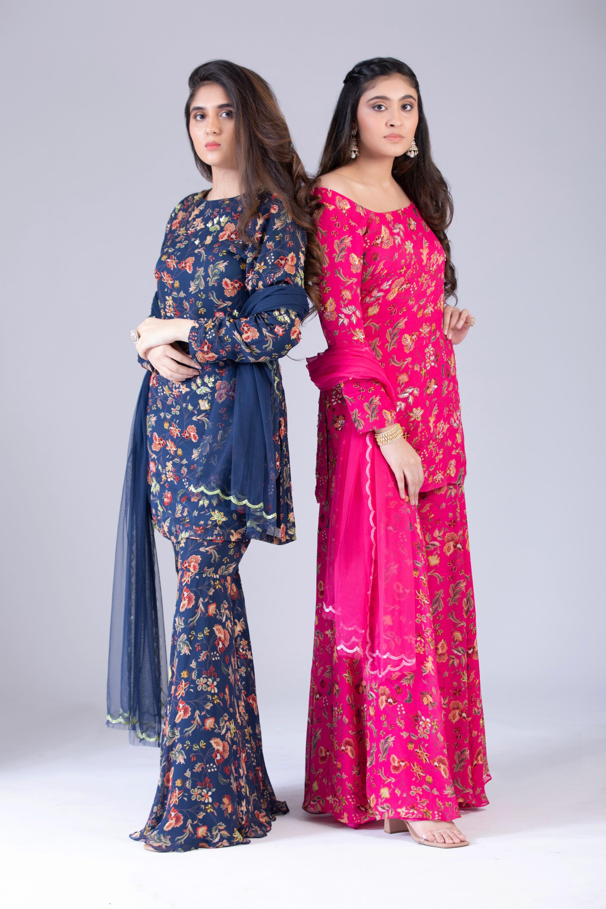 Fuchsia Pink Printed Sharara Kurti Set