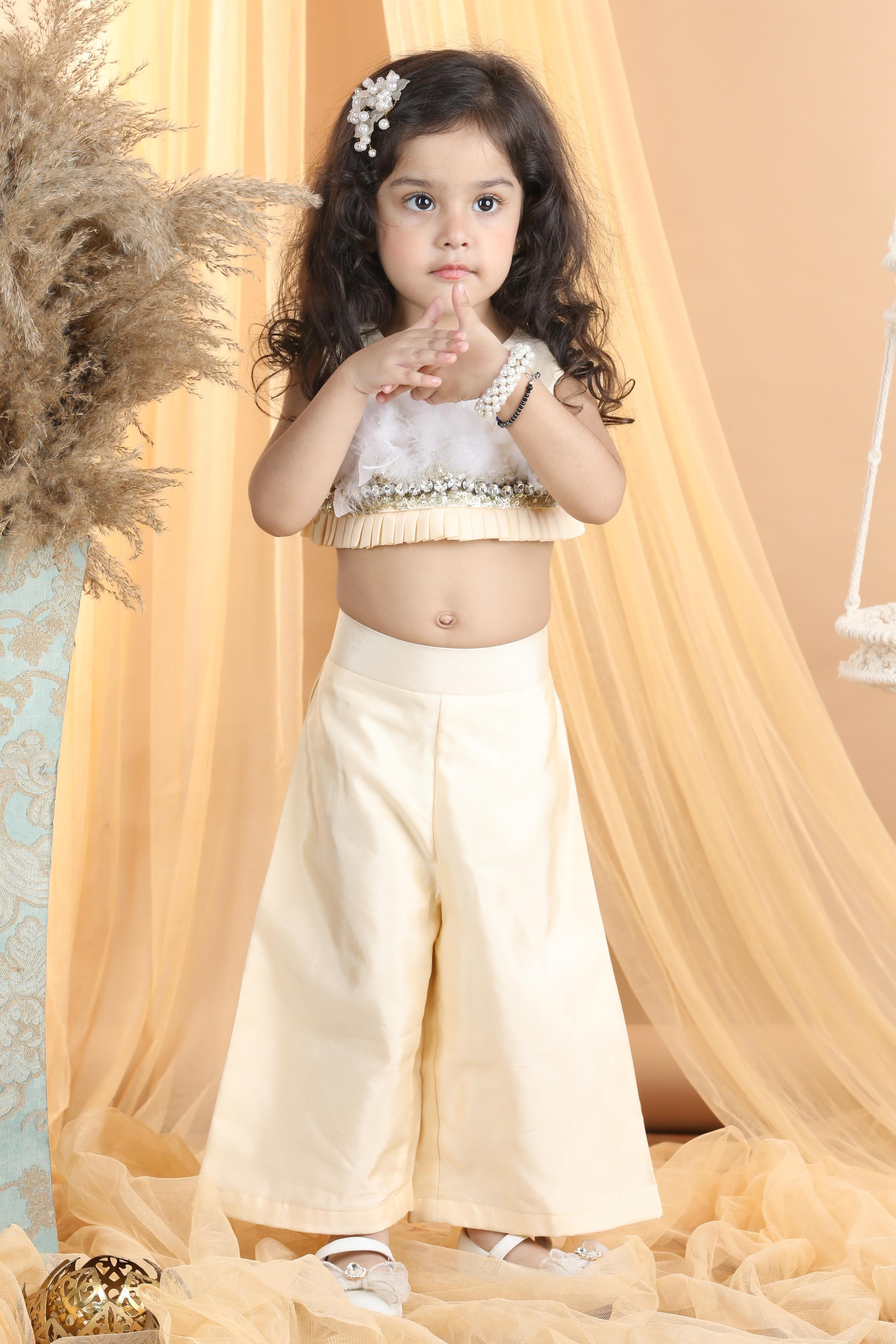 Embroided Top With Fur And Palazza Pants