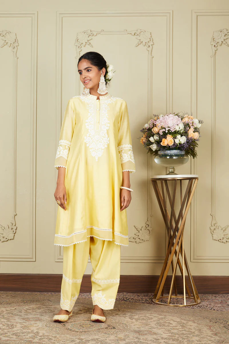Ryhana Lemon Yellow A Line Short Kurta With Salwar And Dupatta