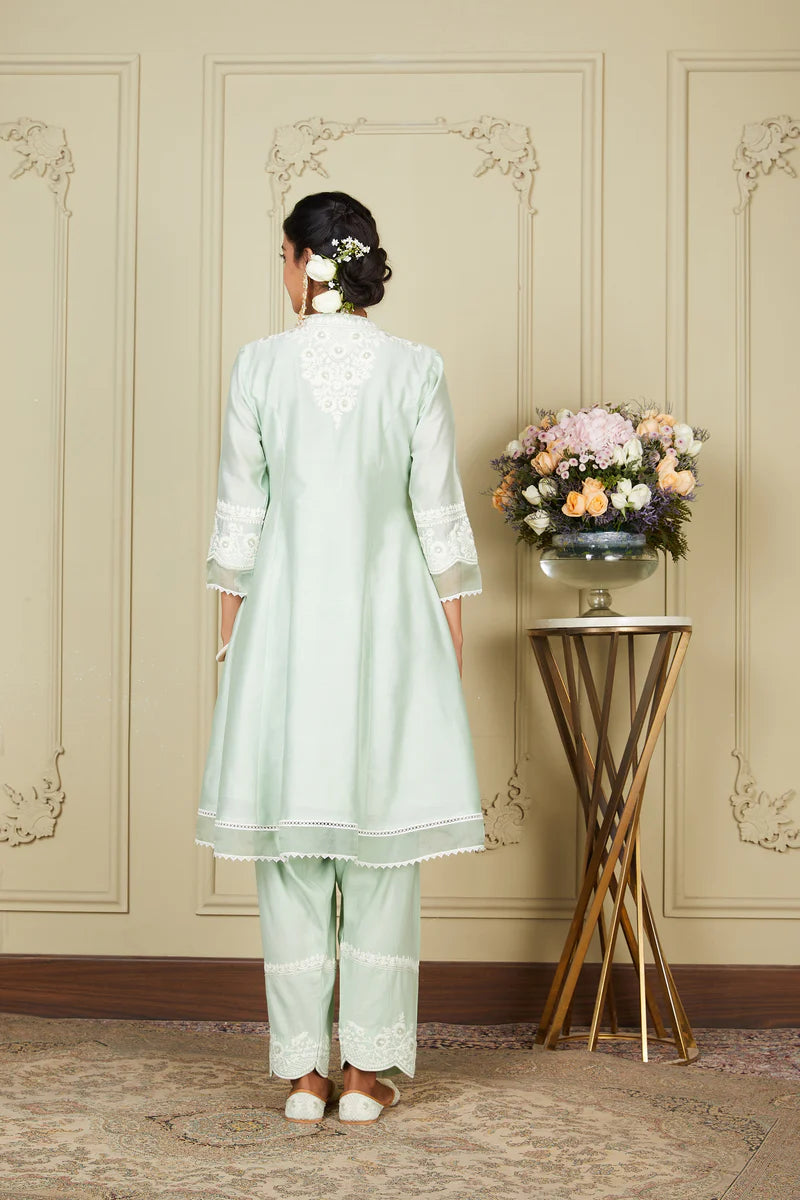 Ryhana Frosty Green A Line Short Kurta With Salwar And Dupatta