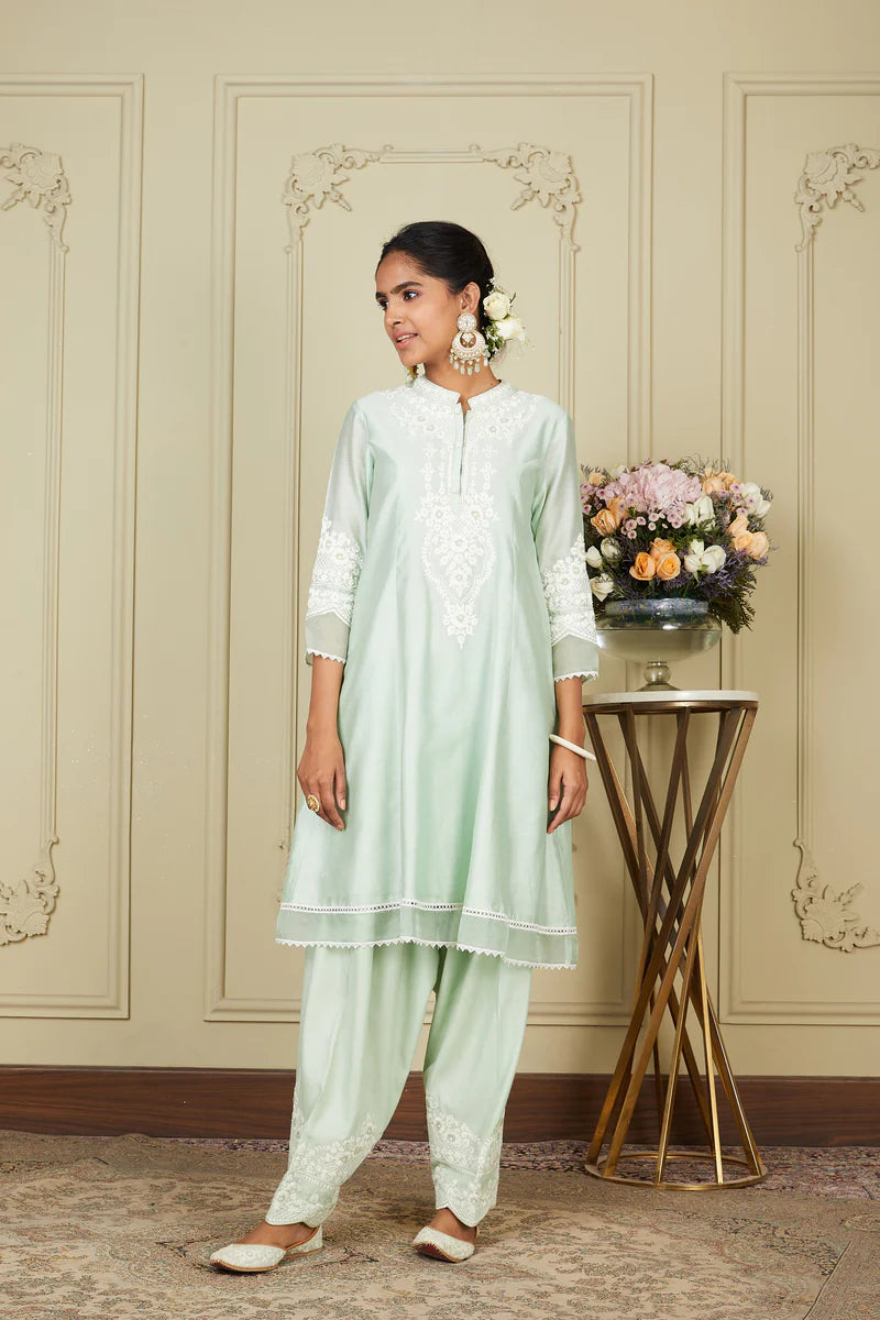 Ruzena Frosty Green A Line Short Kurta With Salwar And Dupatta
