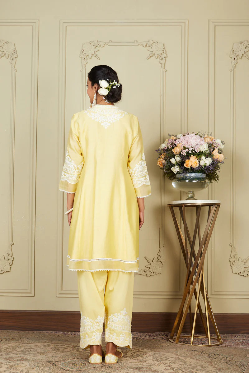 Ruzena Lemon Yellow A Line Short Kurta With Salwar And Dupatta