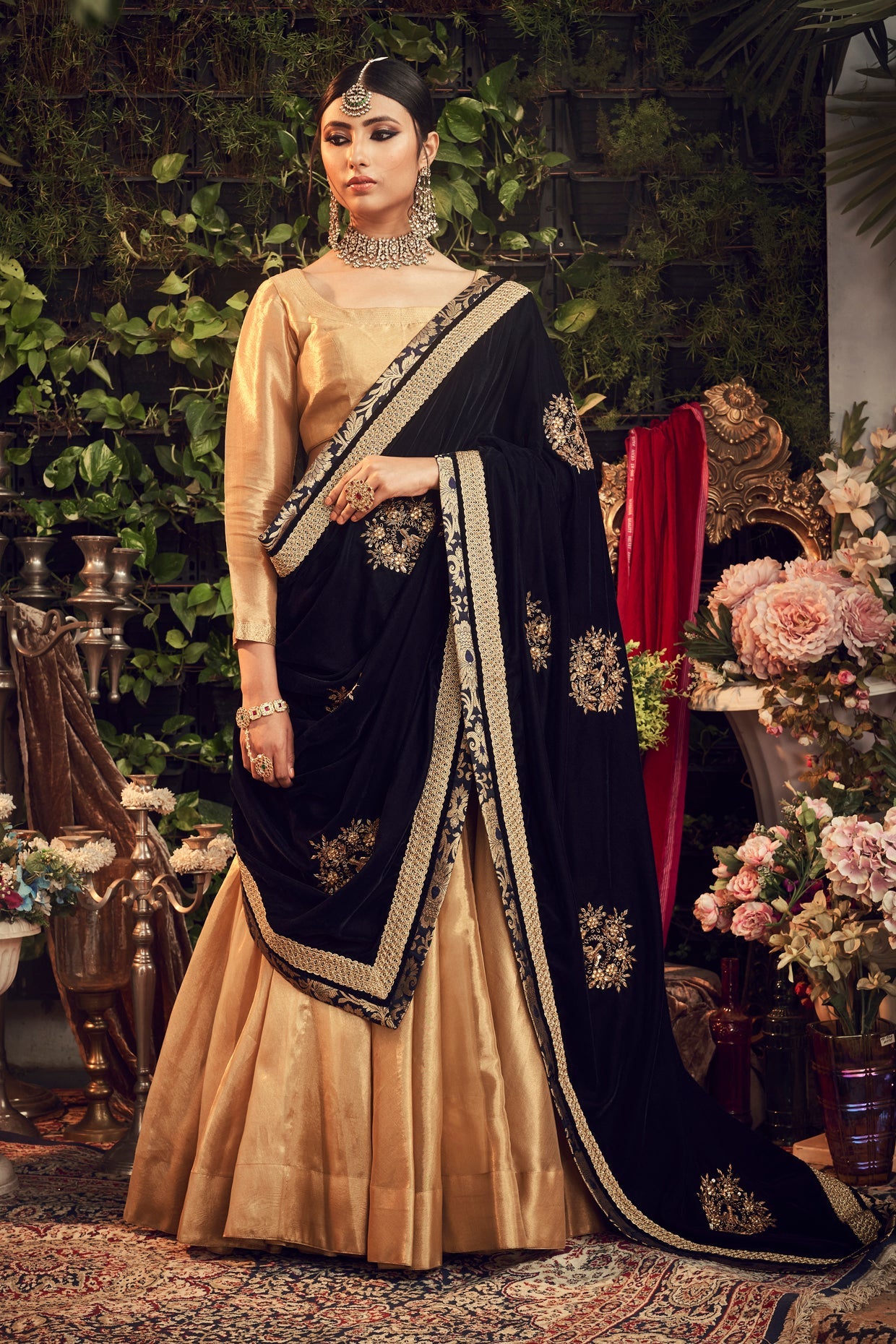 Gold & Midnight Blue Embroidered Lehenga Set
