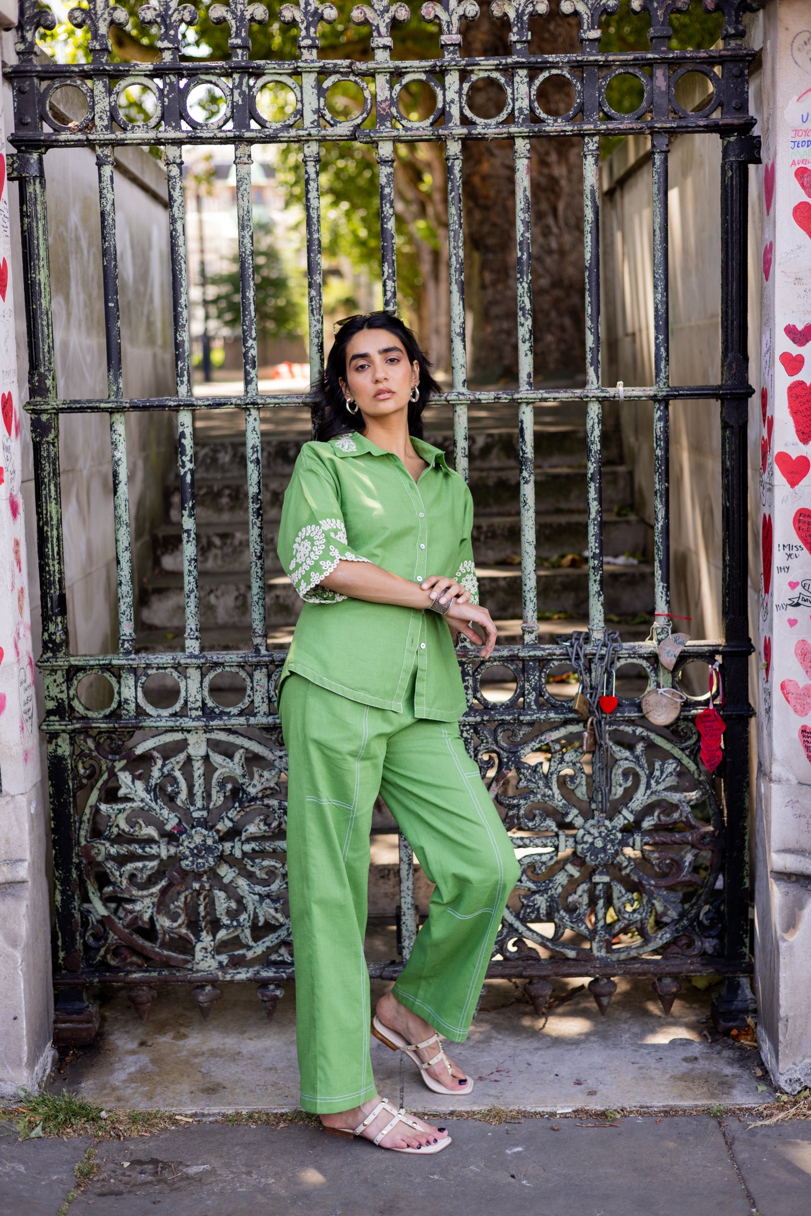 Green Broderie Linen Set
