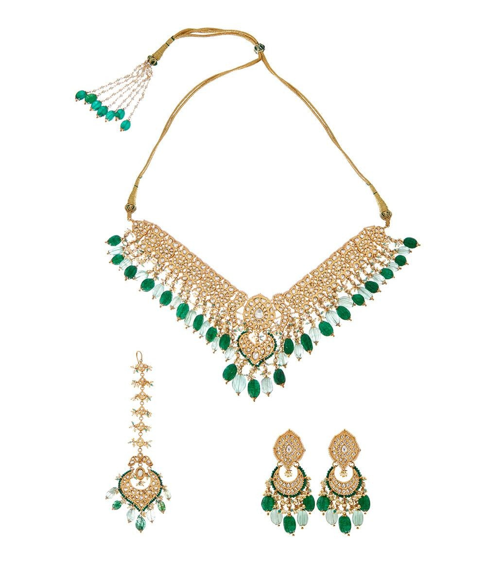 92.5 Silver Peacock Thappa Jadai And Green Stones Choker Set With Tikka