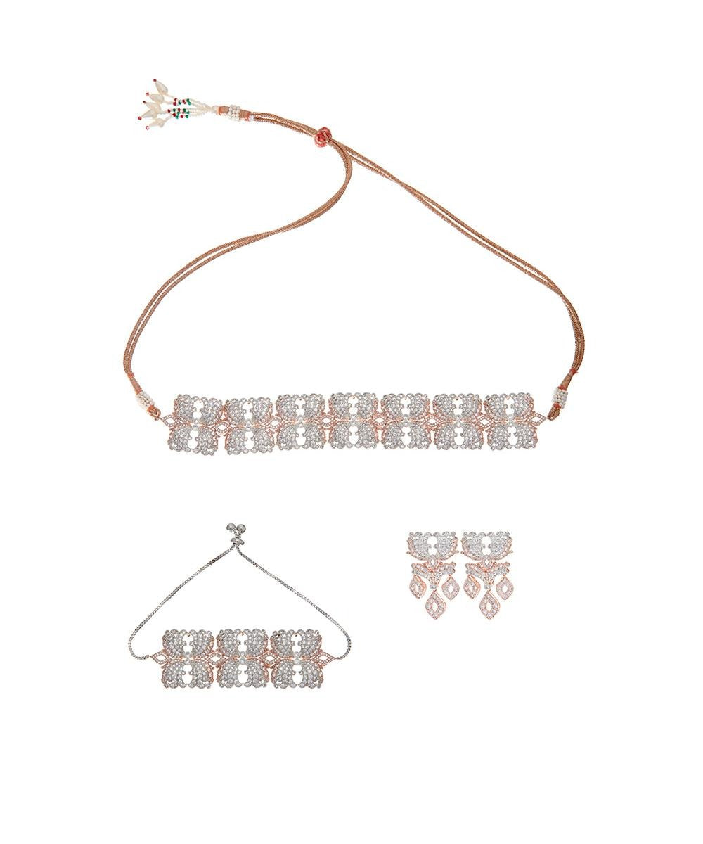 Rosegold And White Geometric Diamond Choker Set And Bracelet