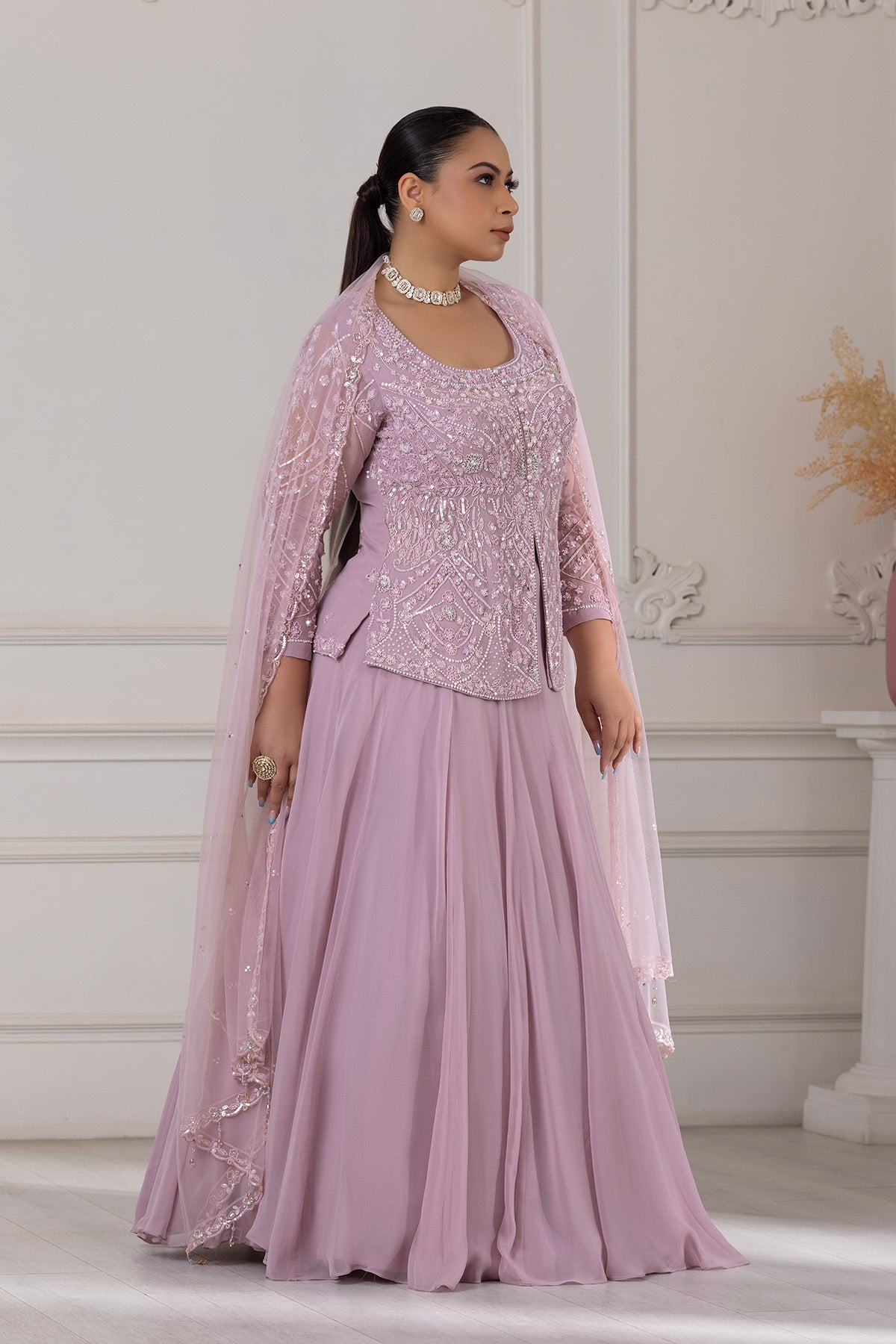 Lilac Embroidered Short Shirt With Skirt Set