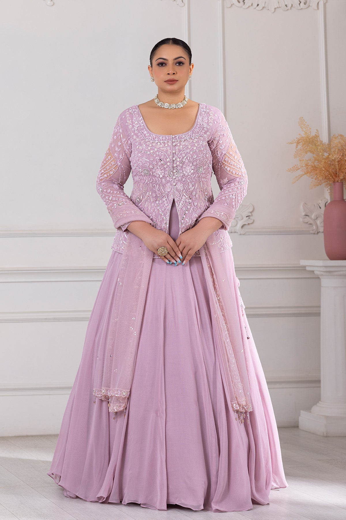 Lilac Embroidered Short Shirt With Skirt Set