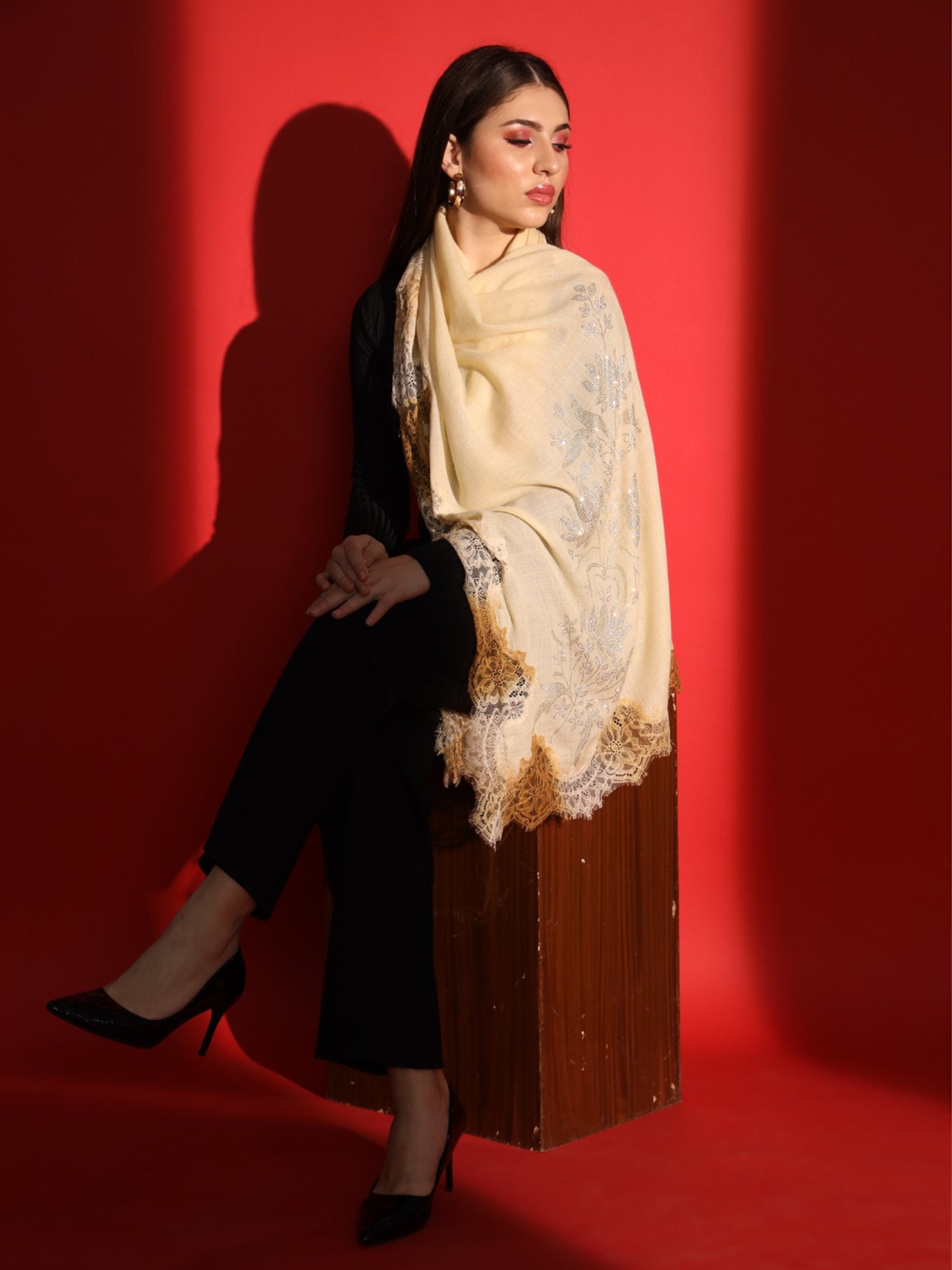 Beige Shawl With Lace And Swarovski-Ladies Kashmiri Shawl