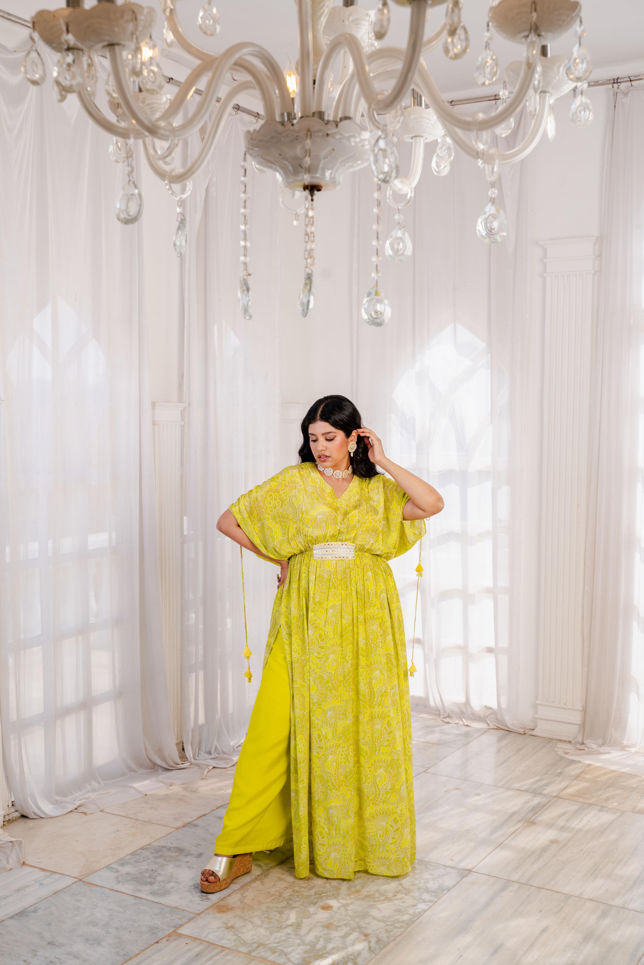 Lime Green Abstract Printed Long Kaftan with Straight Palazzo