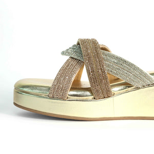 Women Gold Open Toe Faux leather Trio Wedge