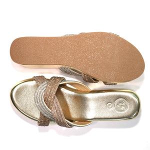 Women Gold Open Toe Faux leather Trio Wedge