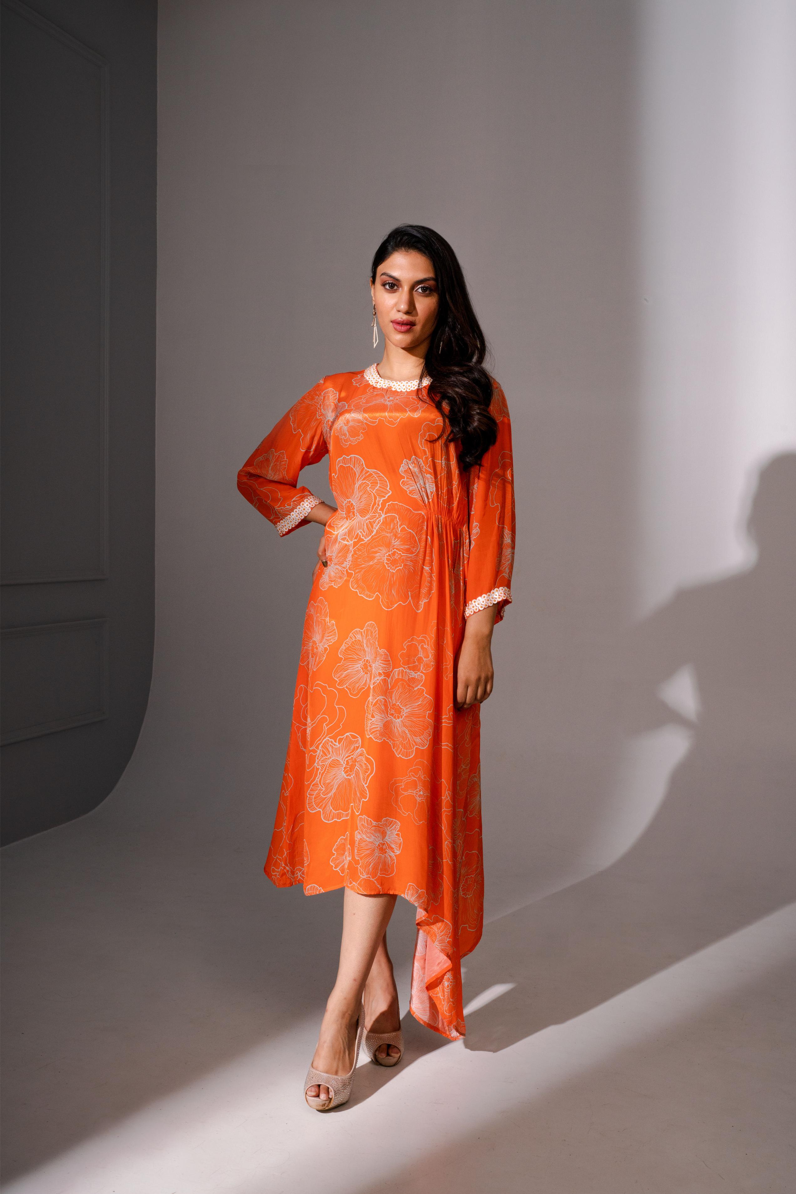 Orange Floral printed Midi Dress With Asymmetric Hemline