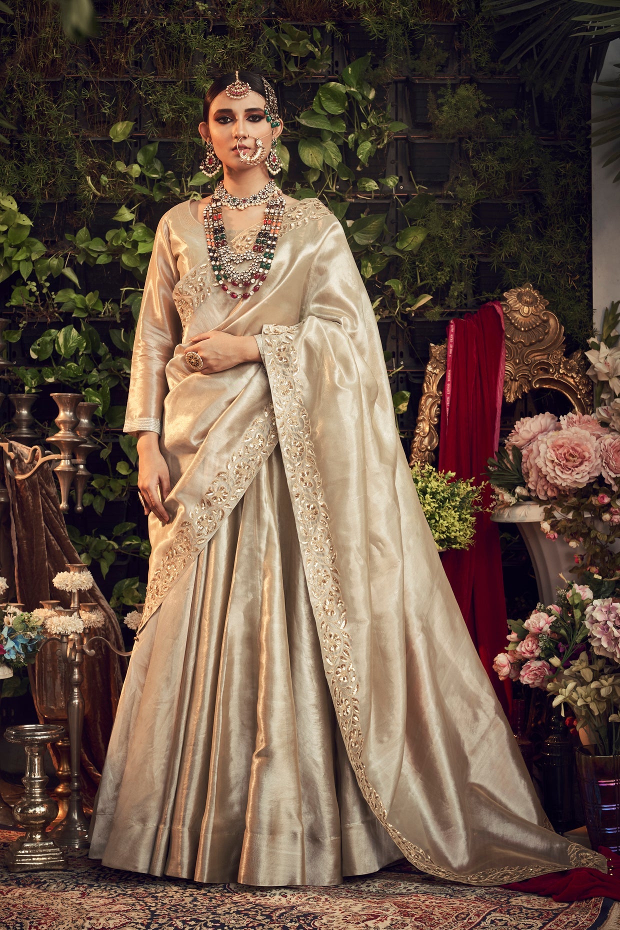 Champagne Silver Embroidered Lehenga Set