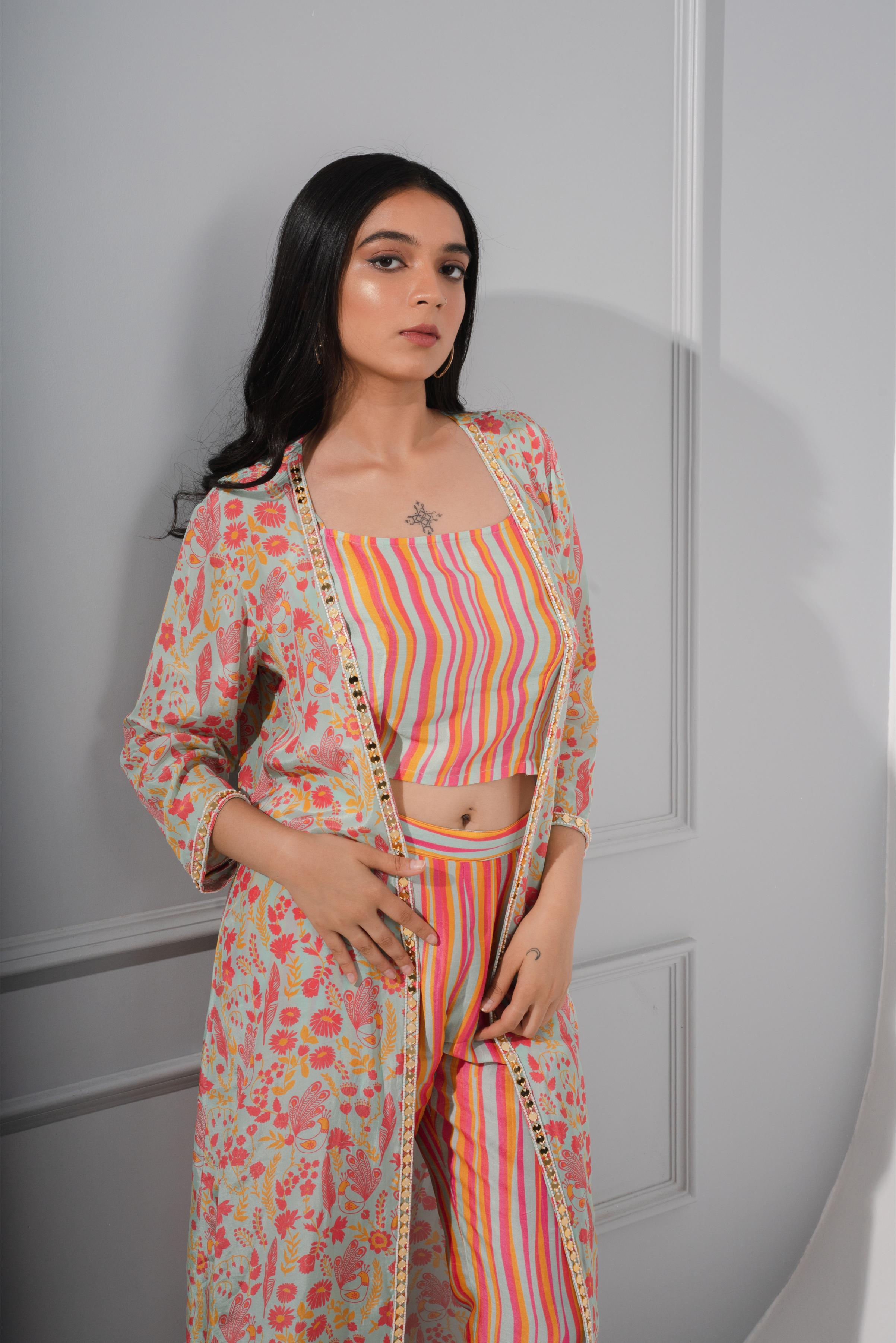 Floral Printed Jacket Set With Cropped top and Pants – AGASHE