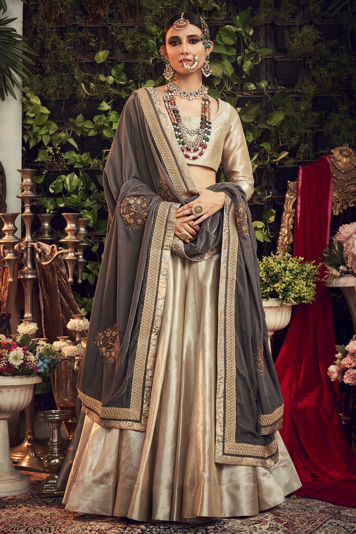 Champagne Silver & Grey Embroidered Lehenga Set