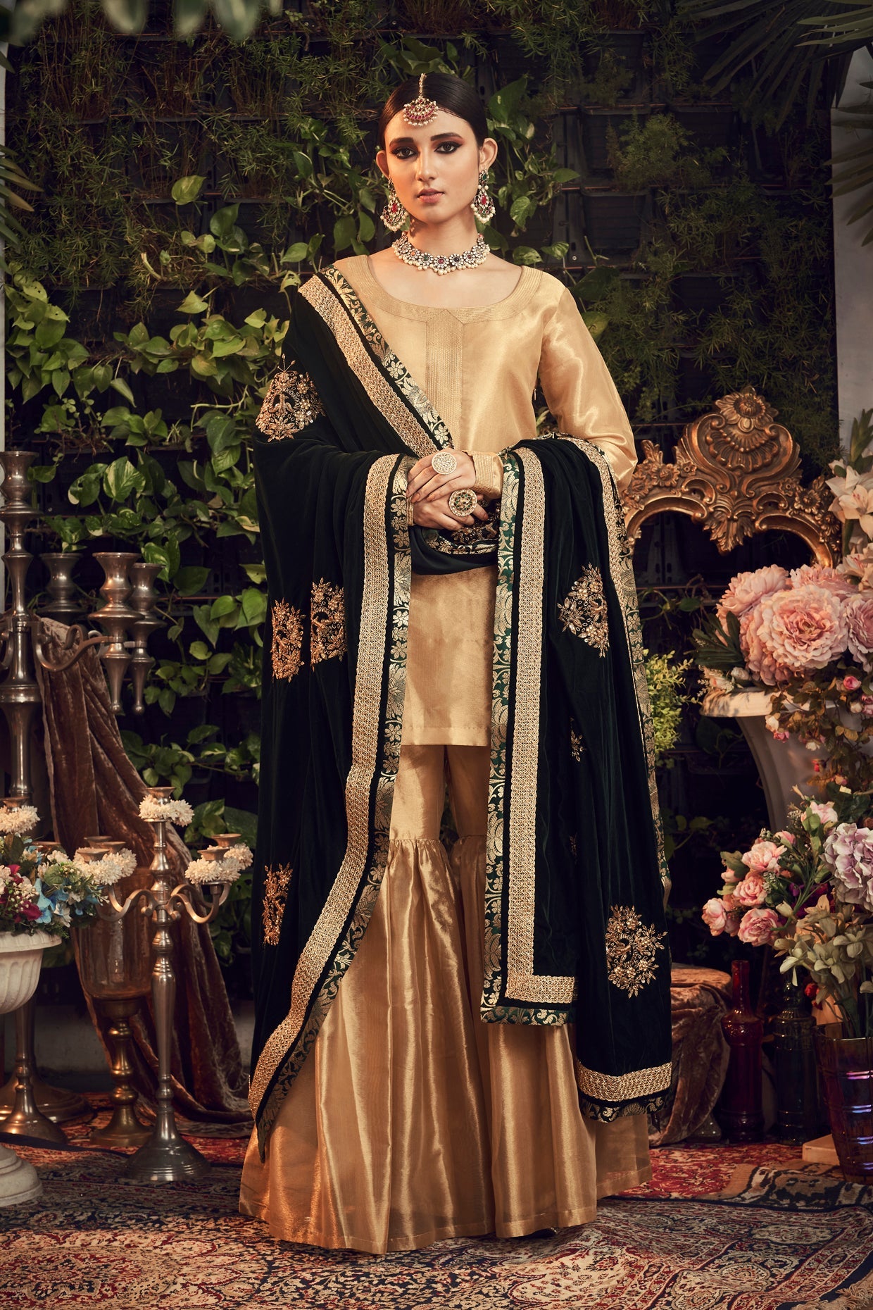 Gold & Emerald Green Embroidered Gharara Set