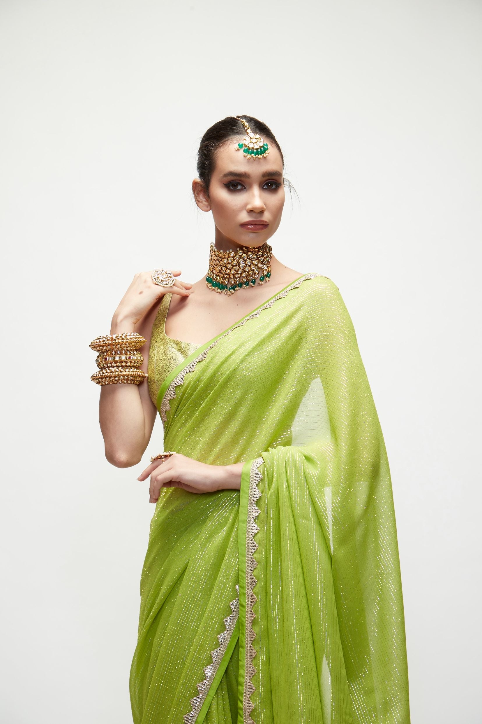 CHARTREUSE GREEN METALLIC SAREE SET