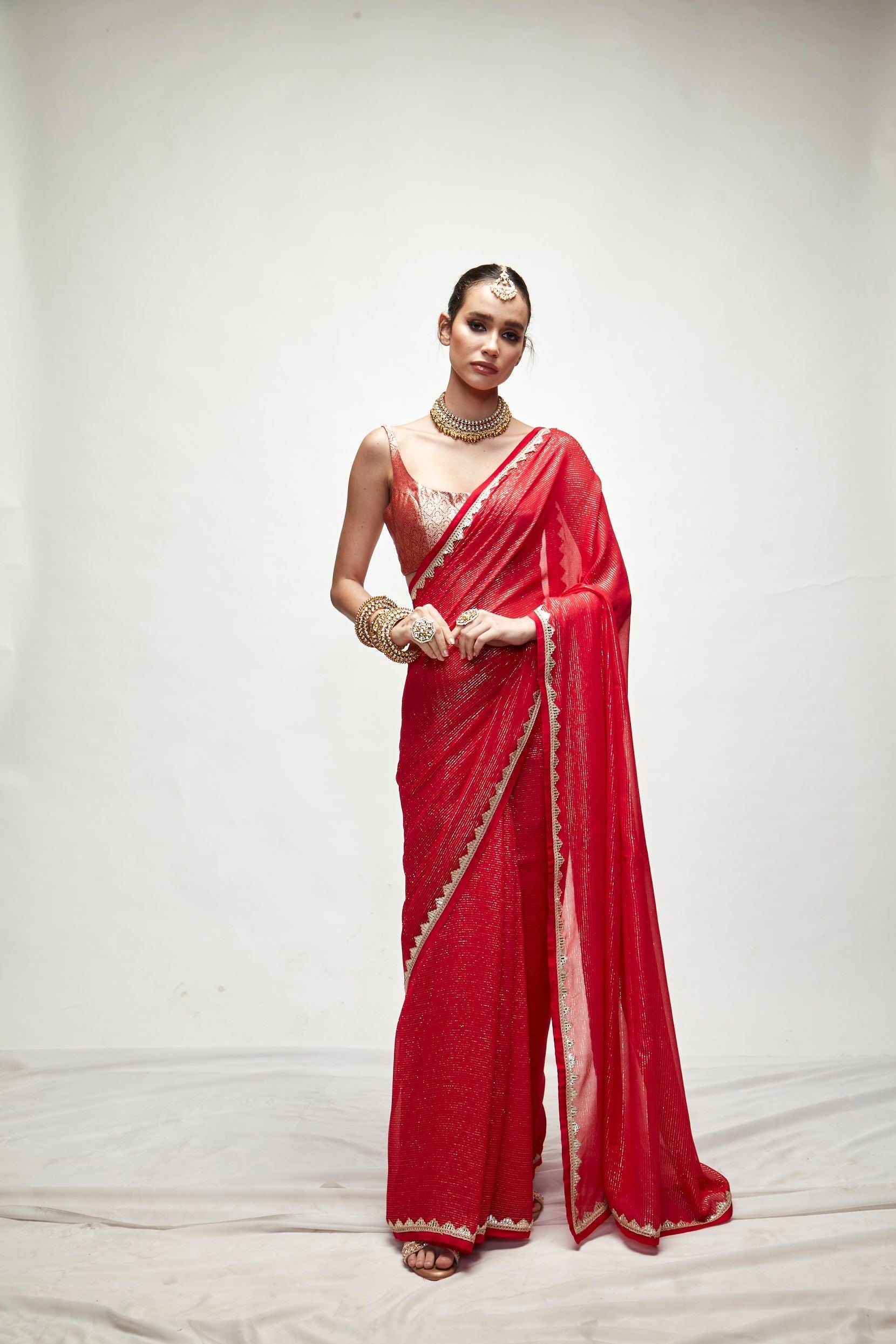 CARMINE RED METALLIC SAREE SET