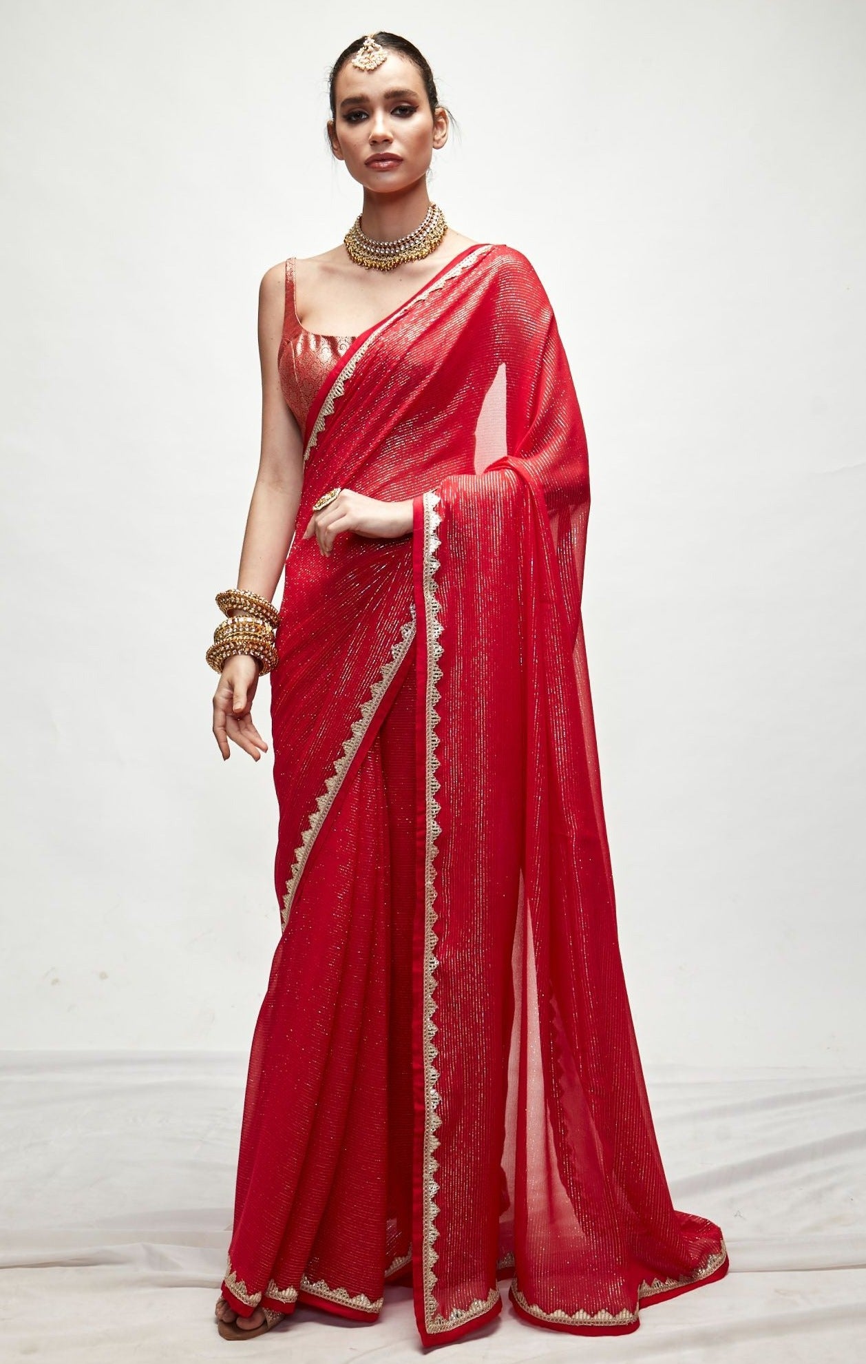 CARMINE RED METALLIC SAREE SET