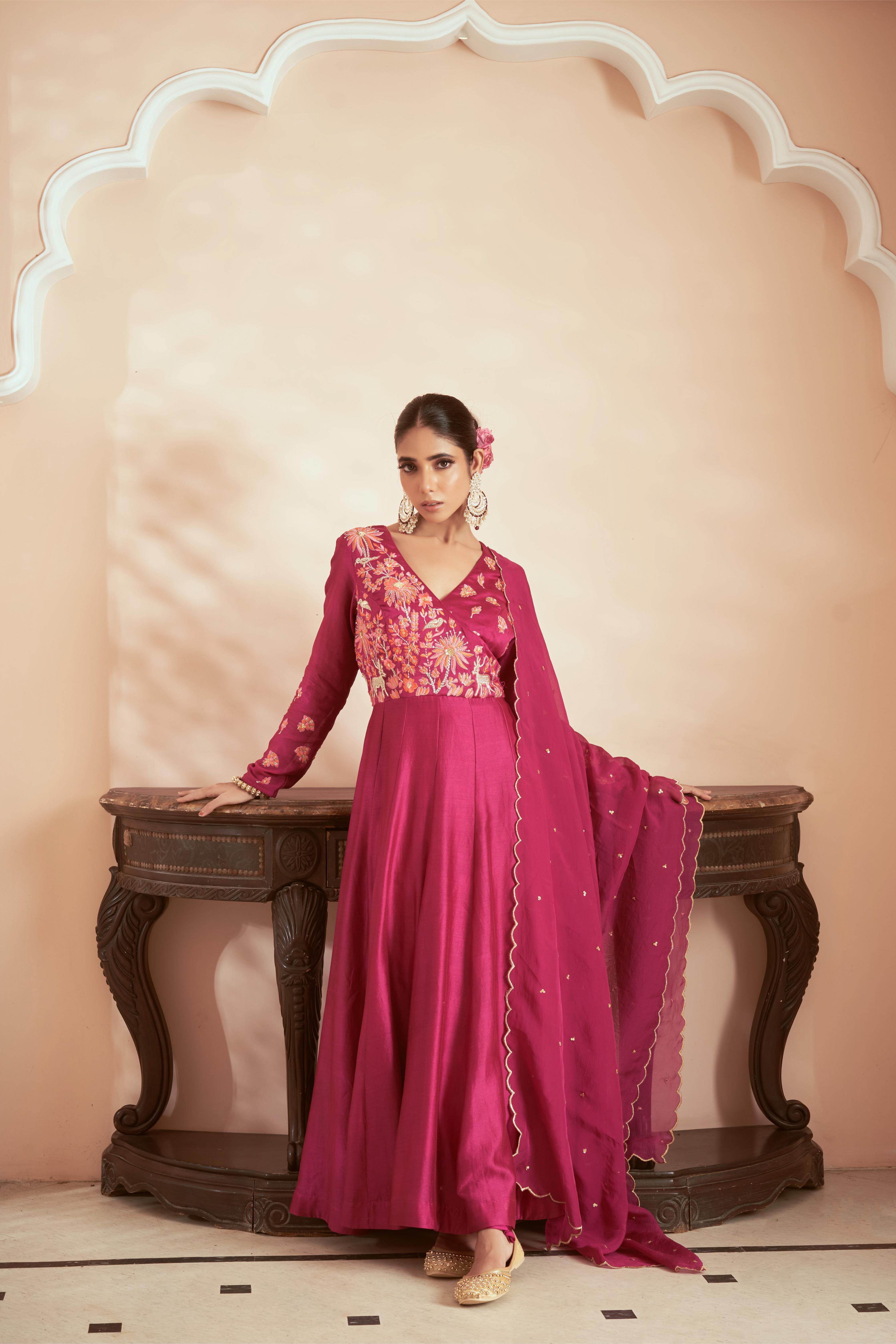 Featuring Dark Magenta Chanderi embroidered Anarkali suit paired with