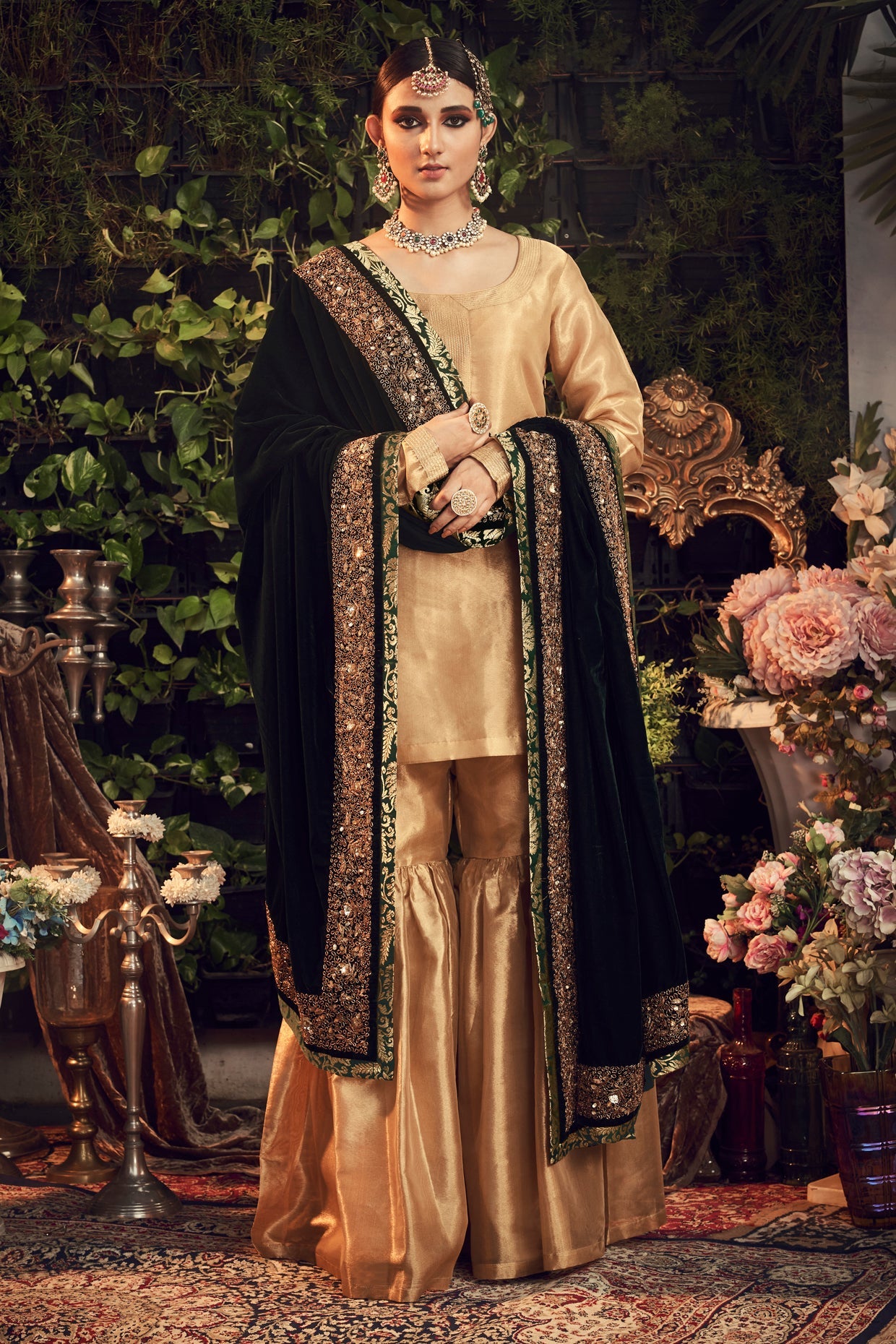 Gold & Emerald Green Zardosi Embroidered Gharara Set